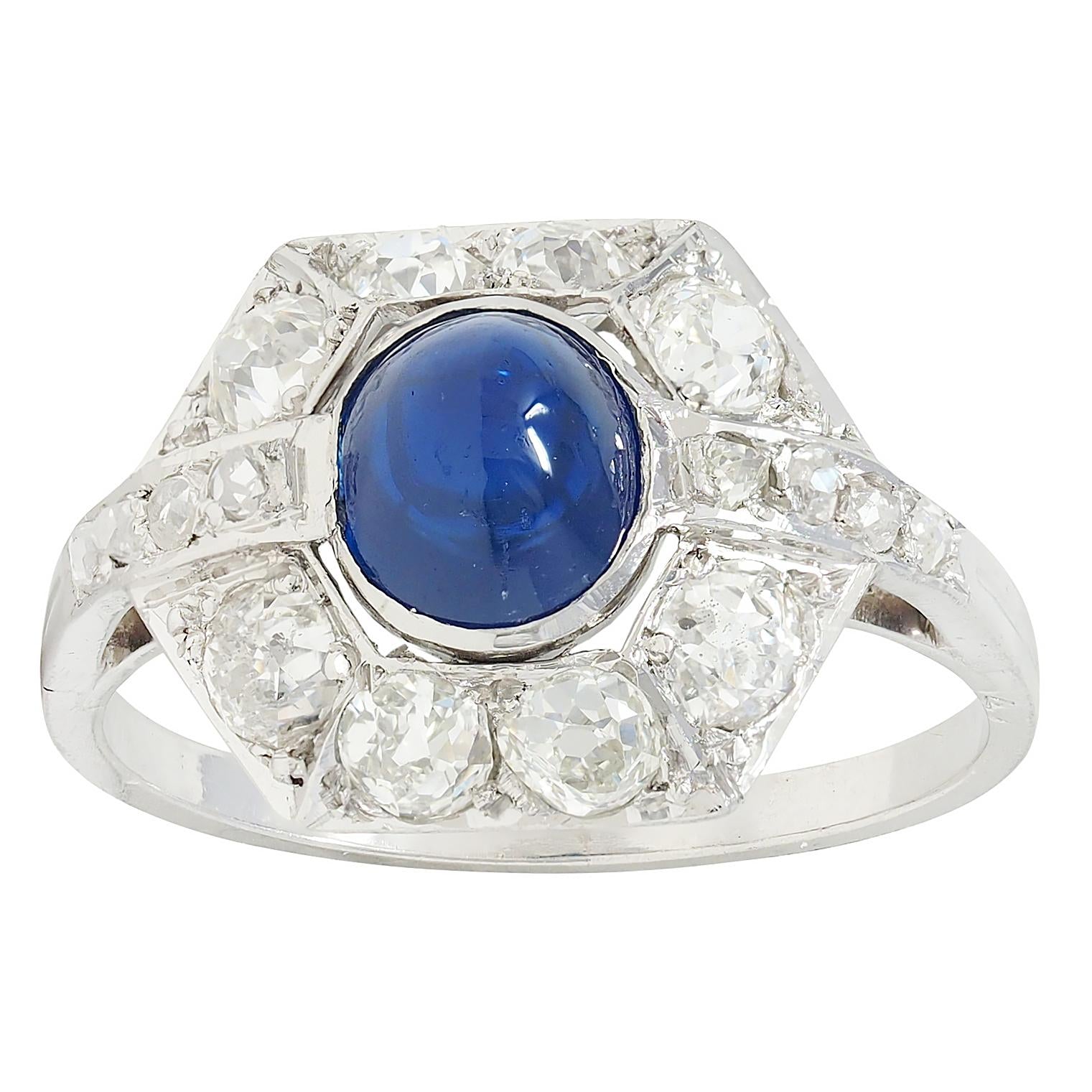 French Art Deco No Heat Sapphire Diamond Platinum Vintage Cluster Ring GIA
