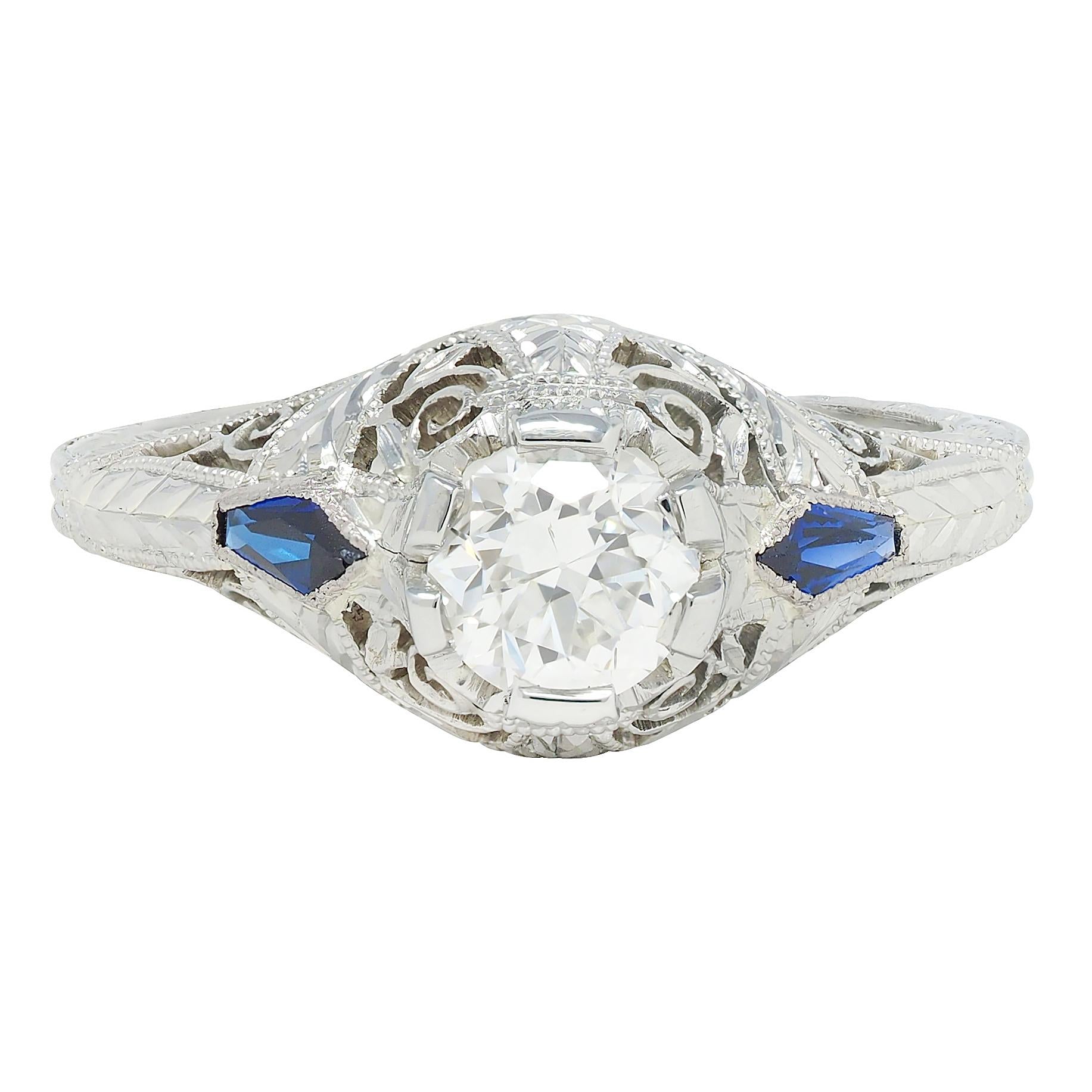 Art Deco European Cut Diamond 18 Karat White Gold Vintage Scroll Engagement Ring