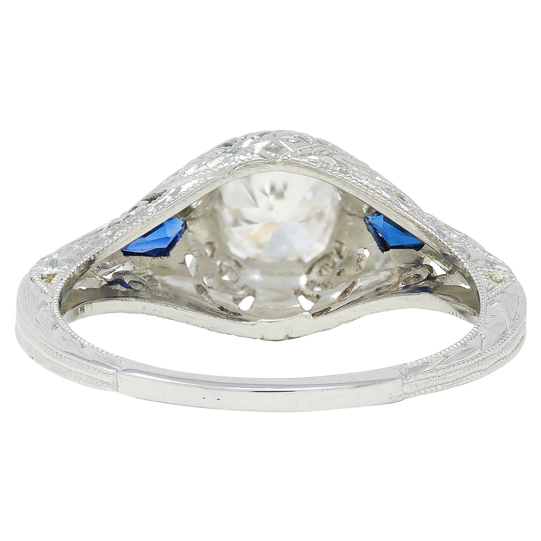 Art Deco European Cut Diamond 18 Karat White Gold Vintage Scroll Engagement Ring