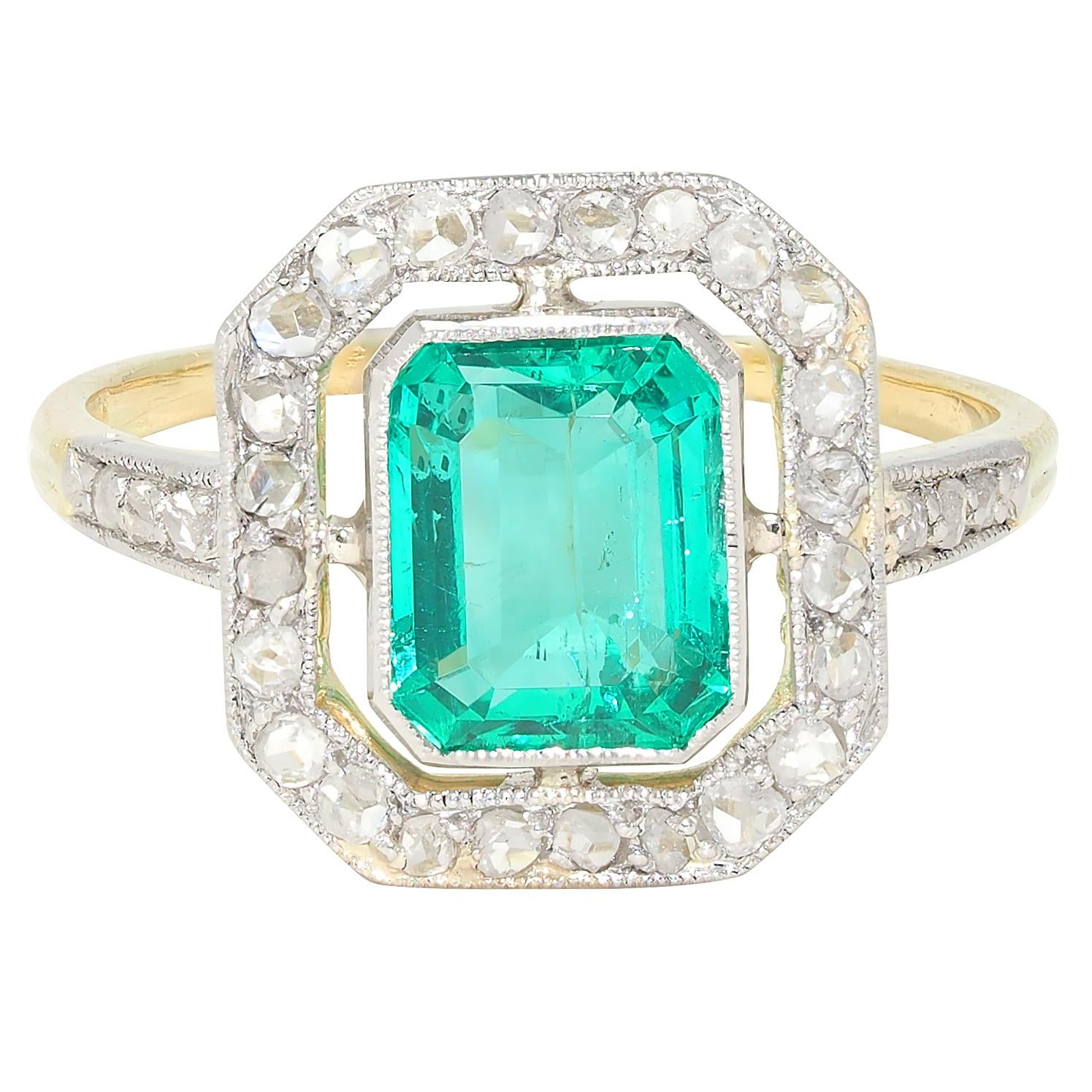 Art Deco 1.67 CTW Colombian Emerald Diamond Platinum 18K Gold Antique Halo Ring