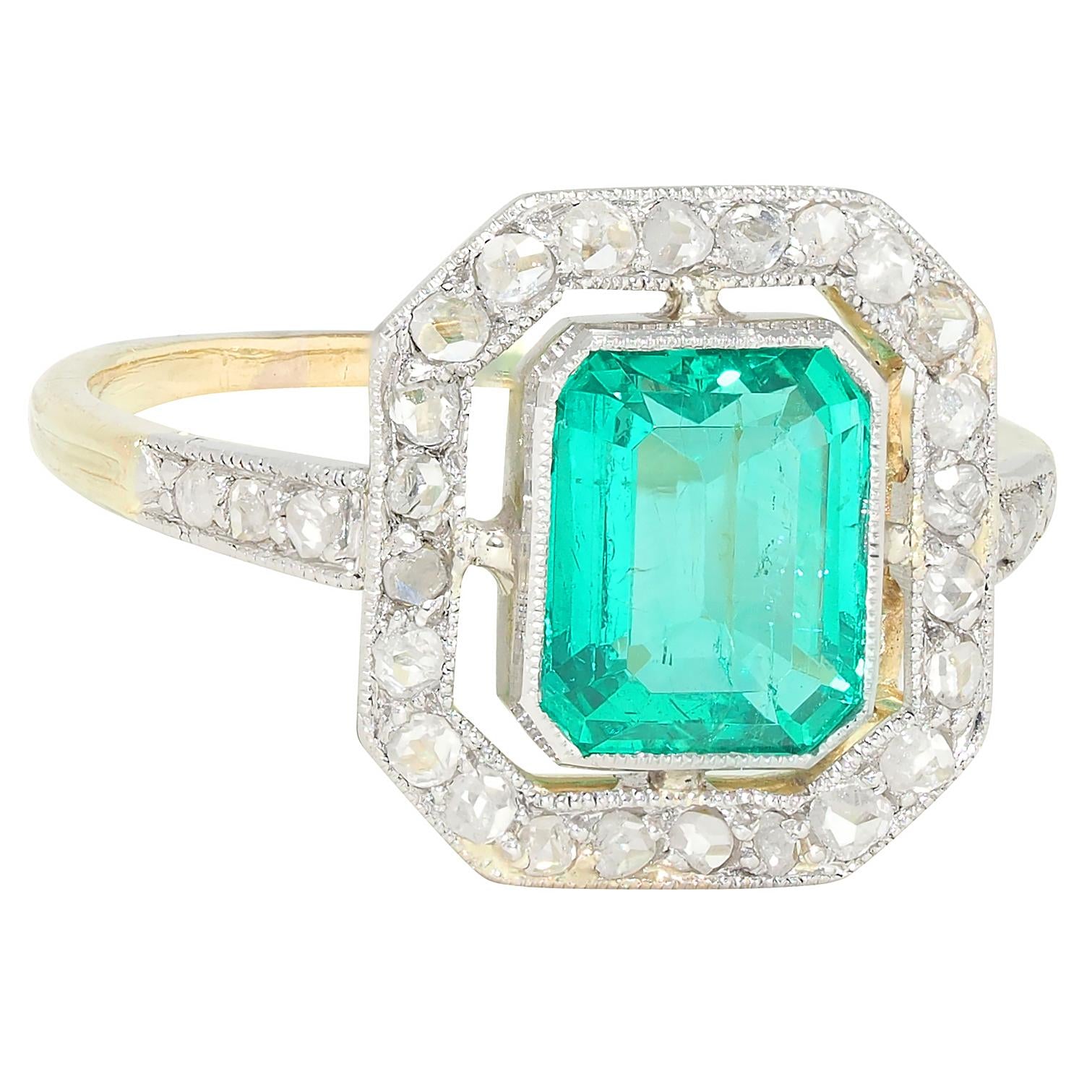 Art Deco 1.67 CTW Colombian Emerald Diamond Platinum 18K Gold Antique Halo Ring