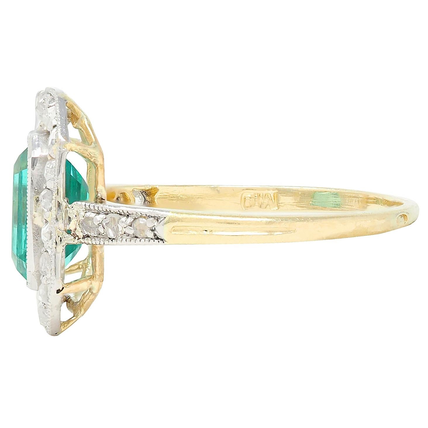 Art Deco 1.67 CTW Colombian Emerald Diamond Platinum 18K Gold Antique Halo Ring