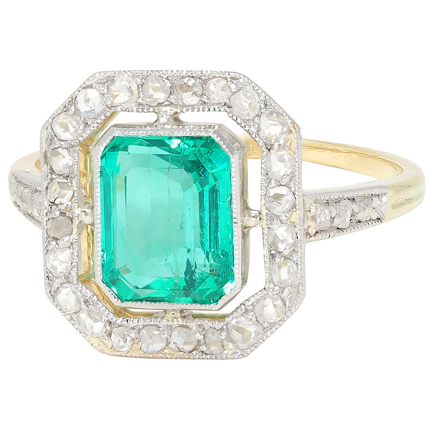 Art Deco 1.67 CTW Colombian Emerald Diamond Platinum 18K Gold Antique Halo Ring