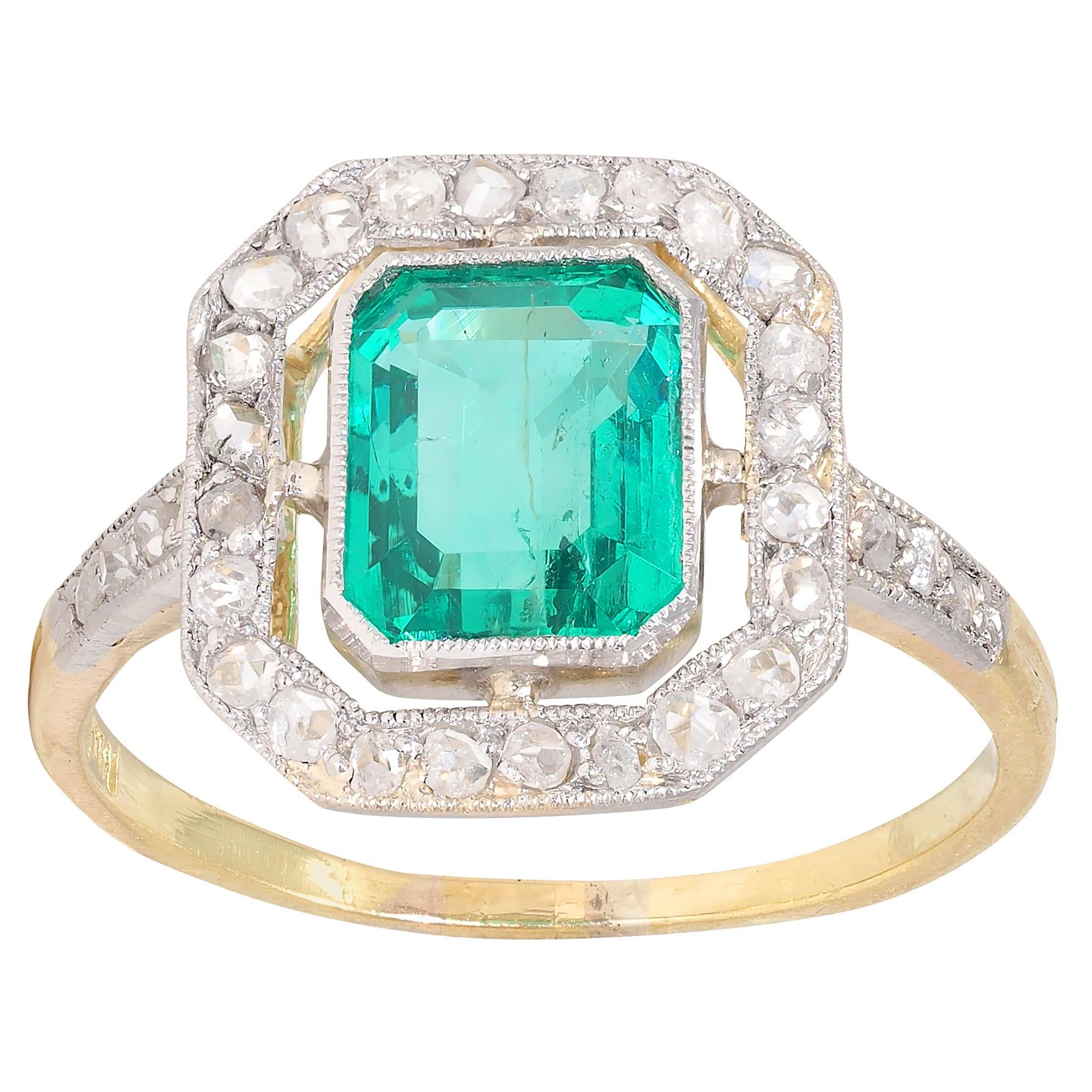 Art Deco 1.67 CTW Colombian Emerald Diamond Platinum 18K Gold Antique Halo Ring