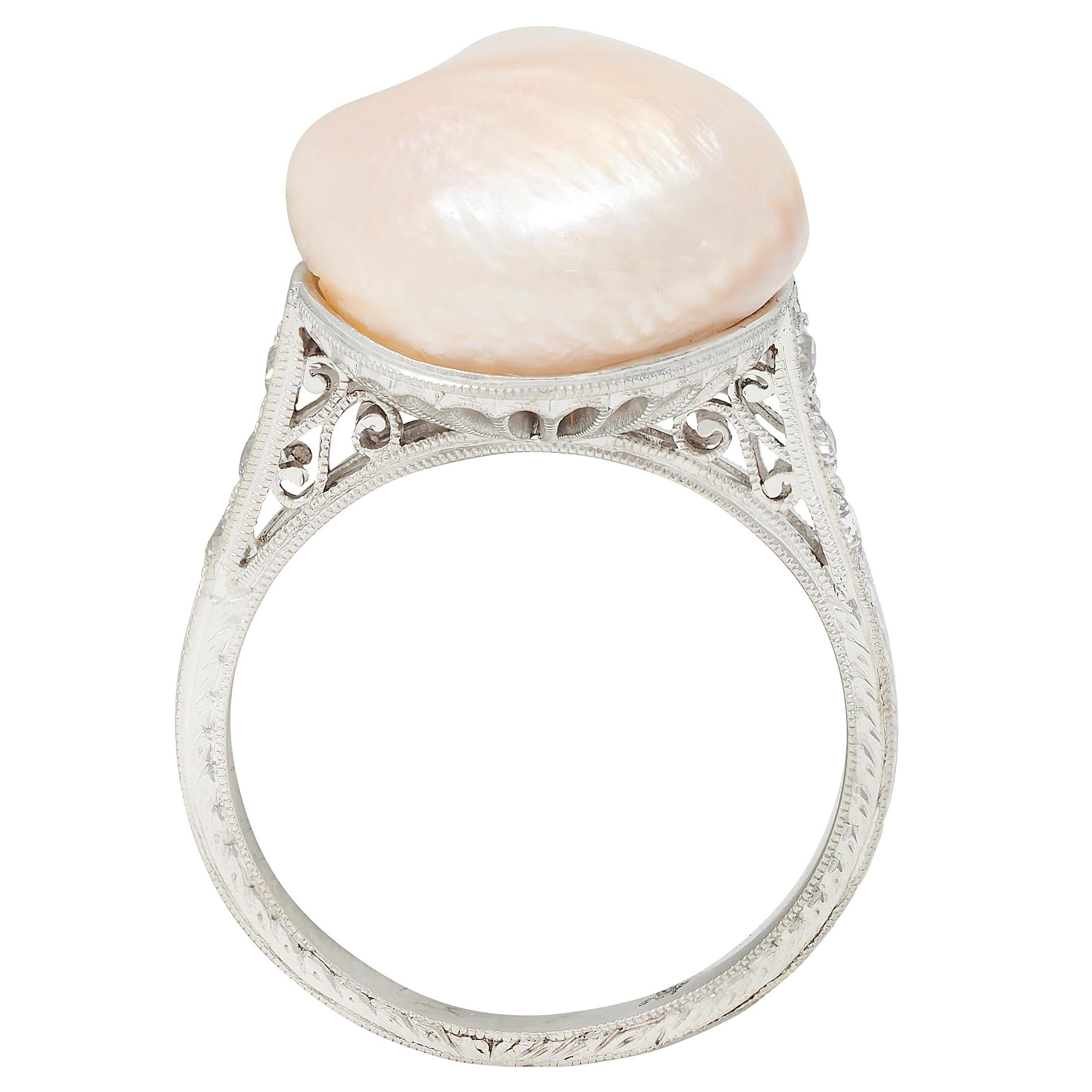 Art Deco Pink Natural Unionidae Pearl Diamond Platinum Antique Dinner Ring GIA