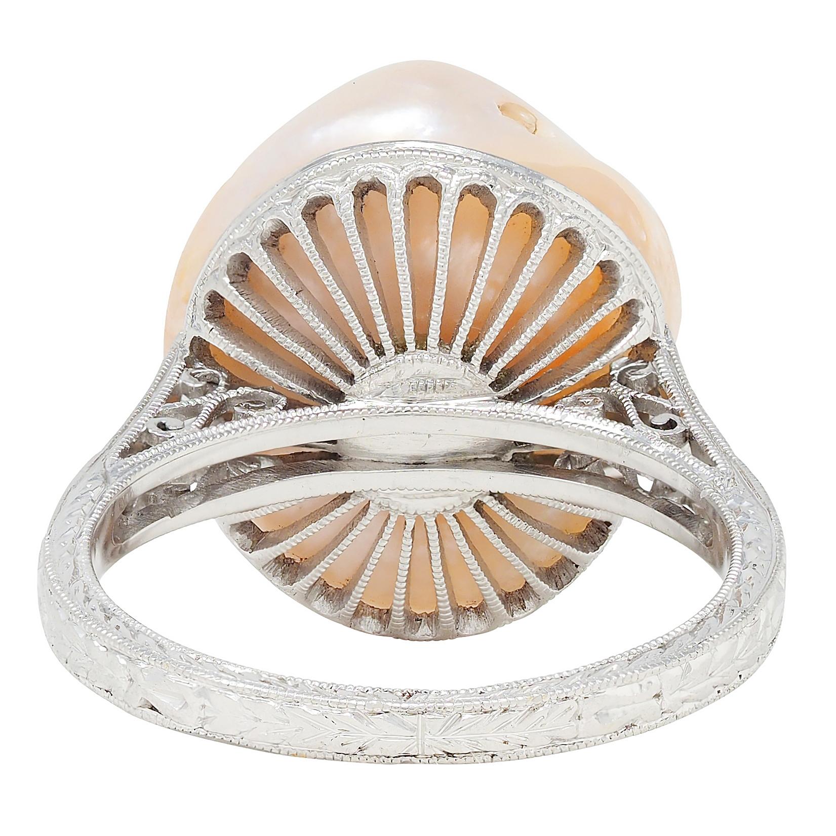 Art Deco Pink Natural Unionidae Pearl Diamond Platinum Antique Dinner Ring GIA