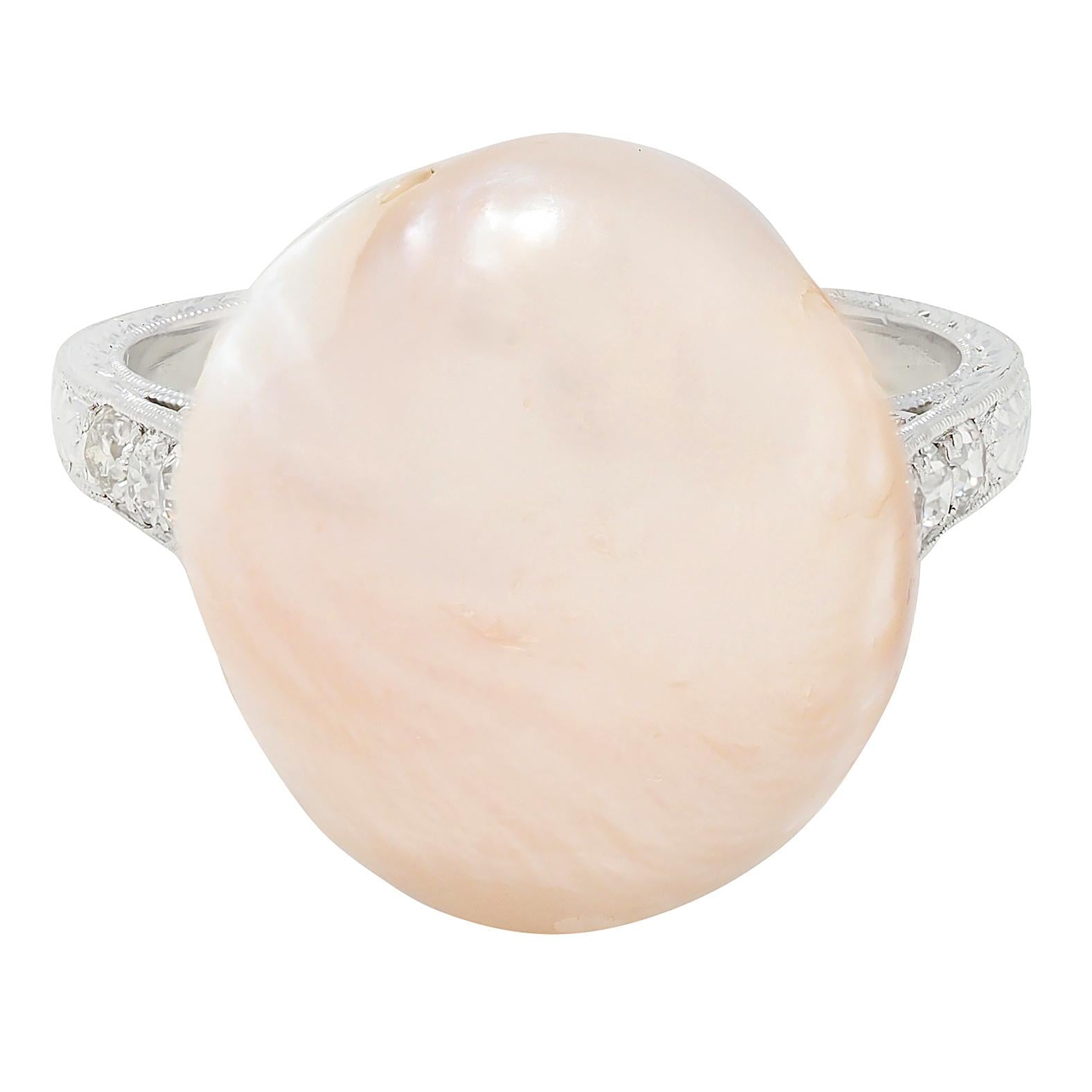 Art Deco Pink Natural Unionidae Pearl Diamond Platinum Antique Dinner Ring GIA