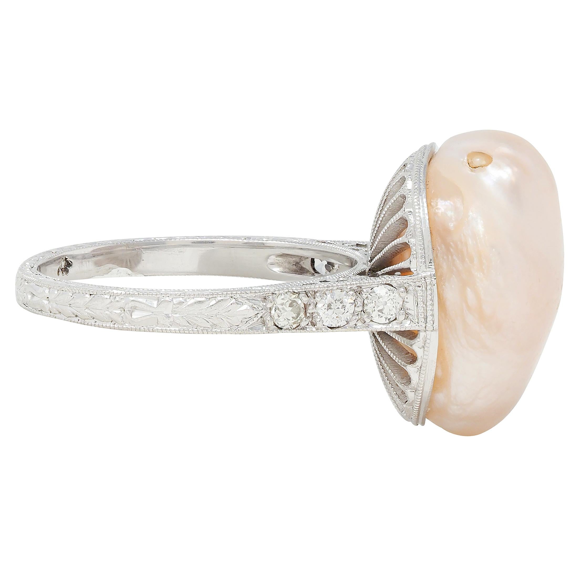 Art Deco Pink Natural Unionidae Pearl Diamond Platinum Antique Dinner Ring GIA