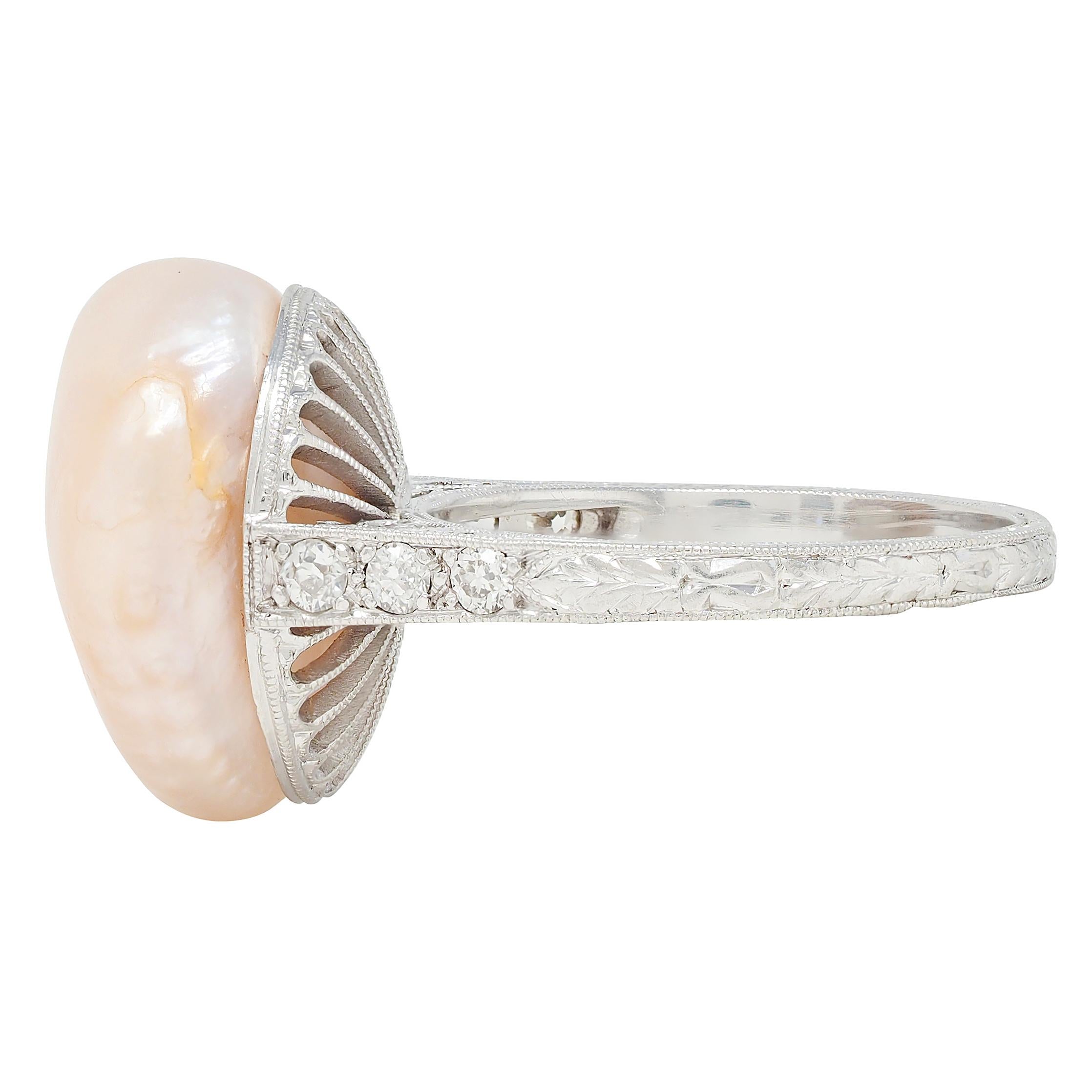 Art Deco Pink Natural Unionidae Pearl Diamond Platinum Antique Dinner Ring GIA