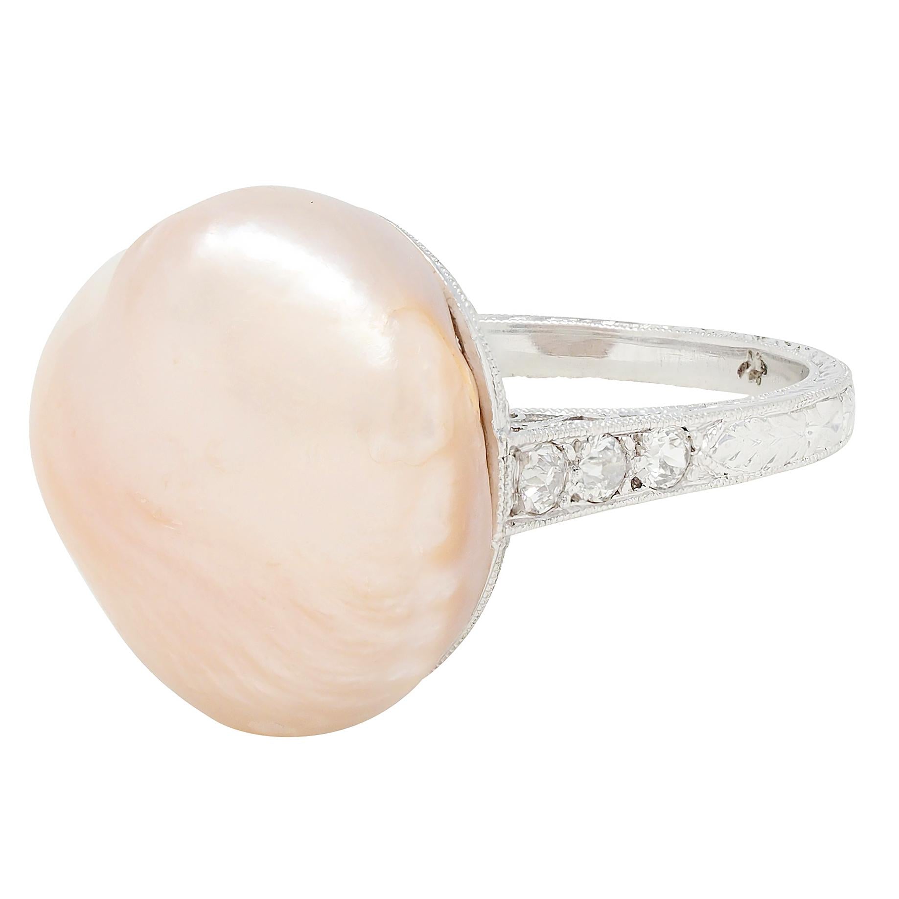 Art Deco Pink Natural Unionidae Pearl Diamond Platinum Antique Dinner Ring GIA