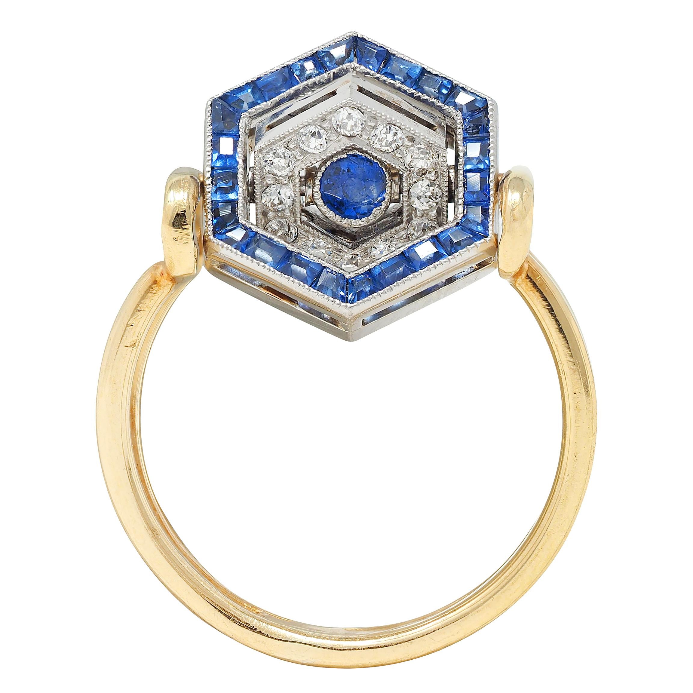 Art Deco Sapphire Diamond Platinum 18 Karat Yellow Gold Vintage Flip Ring