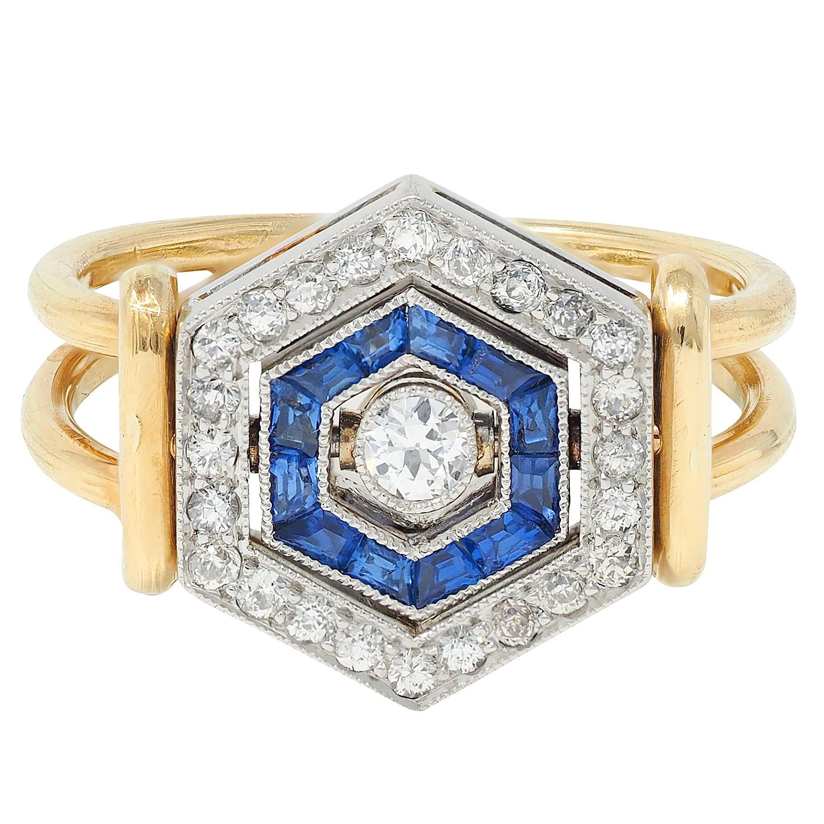 Art Deco Sapphire Diamond Platinum 18 Karat Yellow Gold Vintage Flip Ring