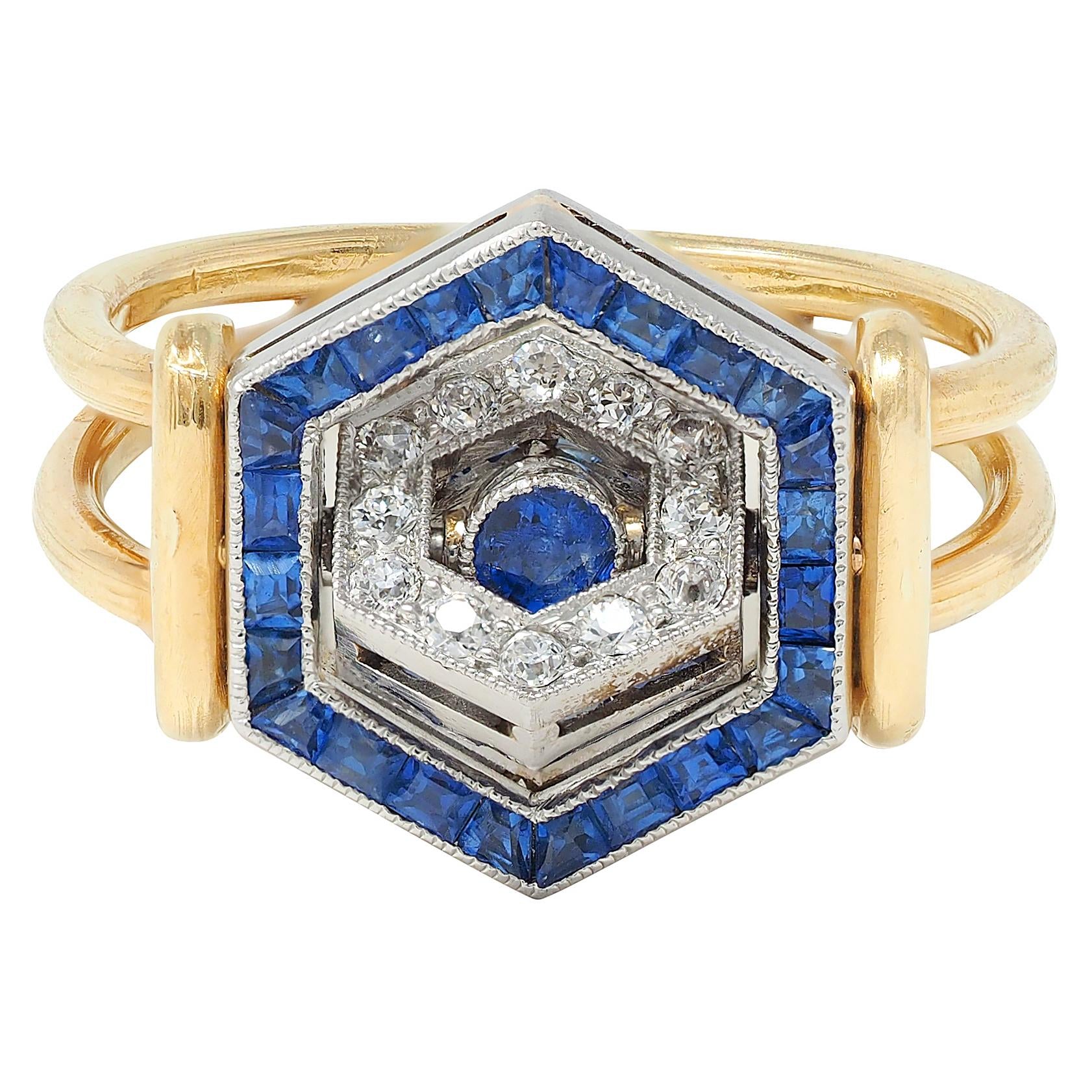 Art Deco Sapphire Diamond Platinum 18 Karat Yellow Gold Vintage Flip Ring