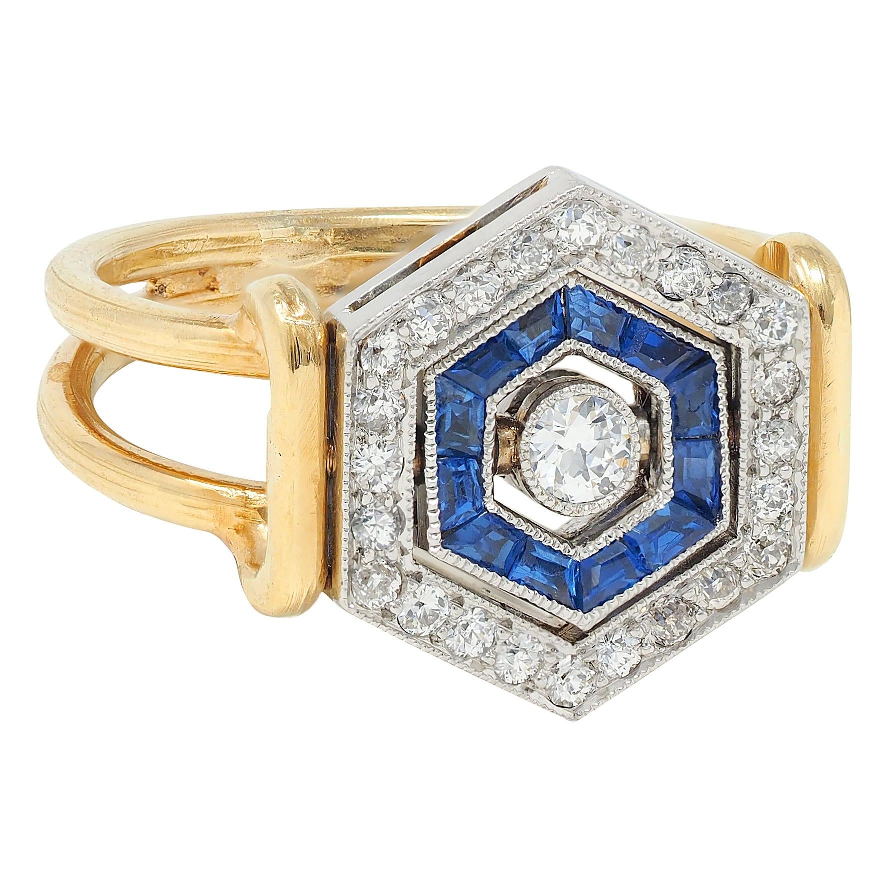 Art Deco Sapphire Diamond Platinum 18 Karat Yellow Gold Vintage Flip Ring
