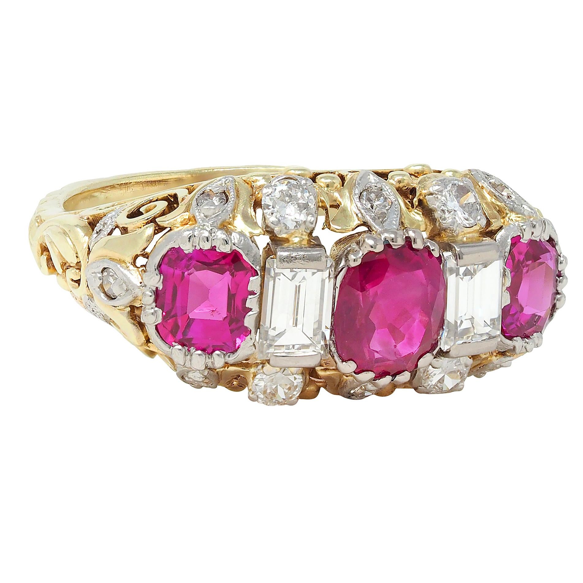 Edwardian 3.00 CTW Diamond Ruby Platinum 14K Gold Antique Scroll Band Ring GIA