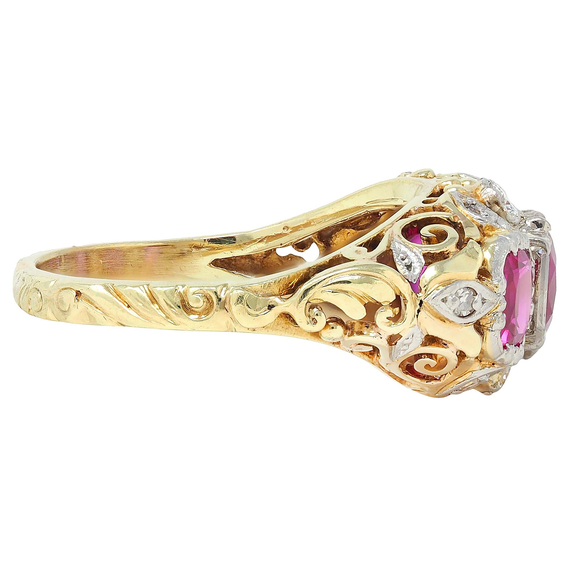 Edwardian 3.00 CTW Diamond Ruby Platinum 14K Gold Antique Scroll Band Ring GIA