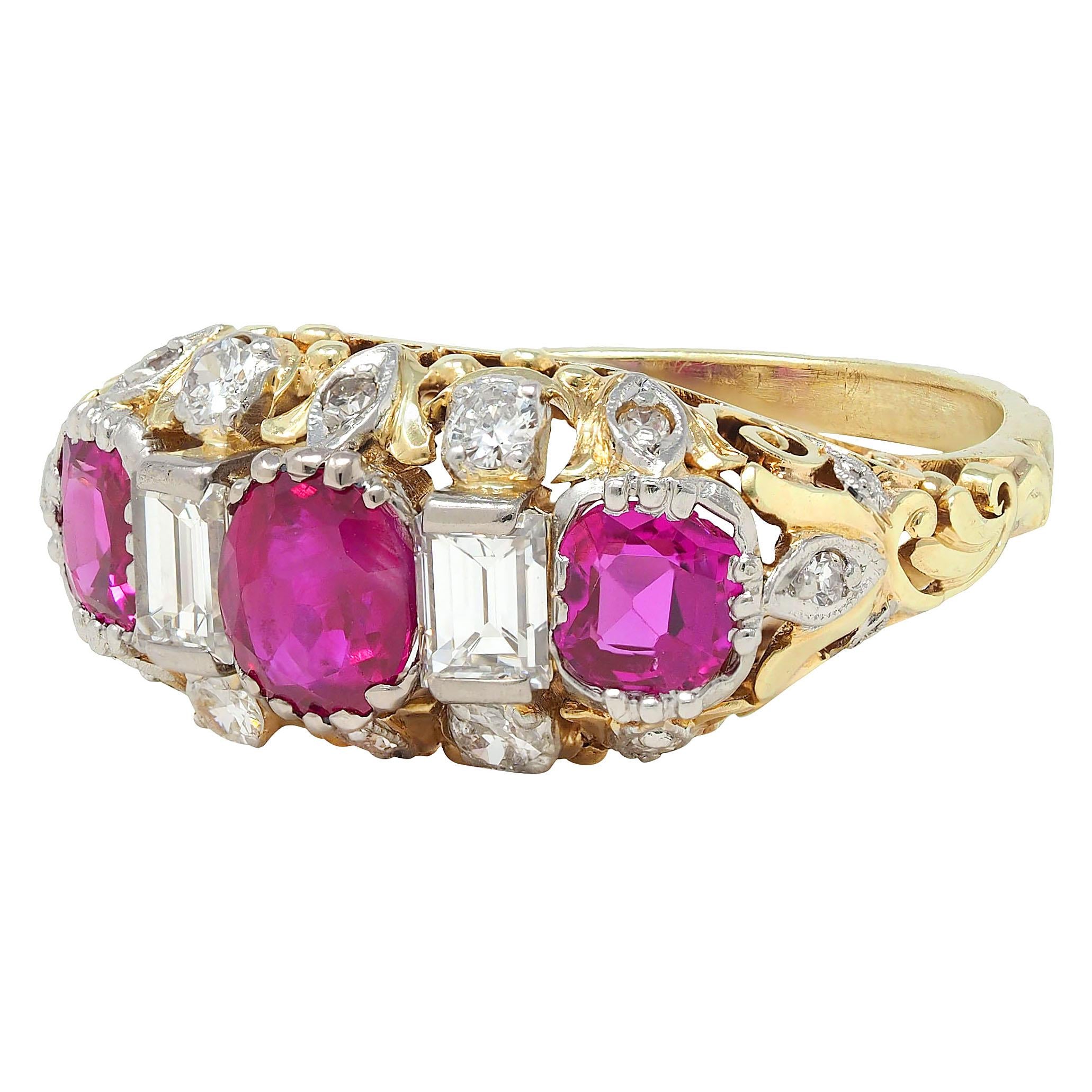 Edwardian 3.00 CTW Diamond Ruby Platinum 14K Gold Antique Scroll Band Ring GIA