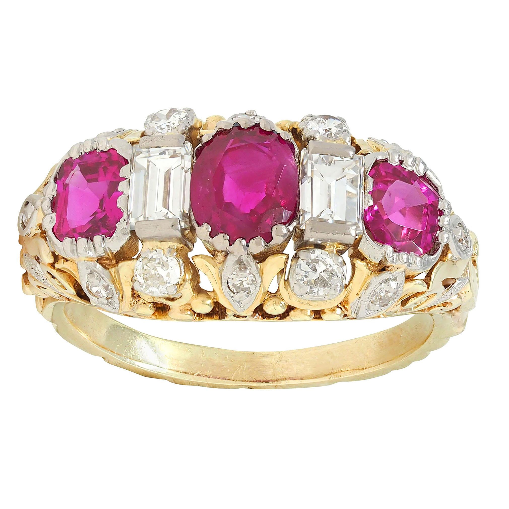 Edwardian 3.00 CTW Diamond Ruby Platinum 14K Gold Antique Scroll Band Ring GIA