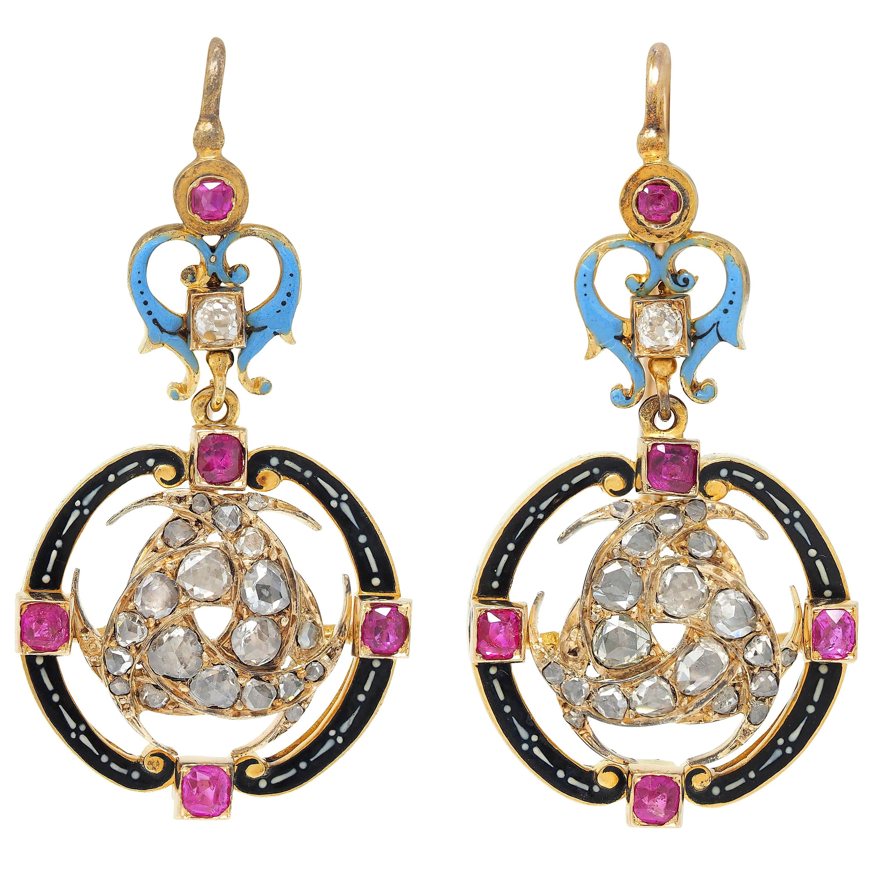 Carlo Giuliano Renaissance Revival Multi-Gem Enamel 18K Gold Antique Earrings