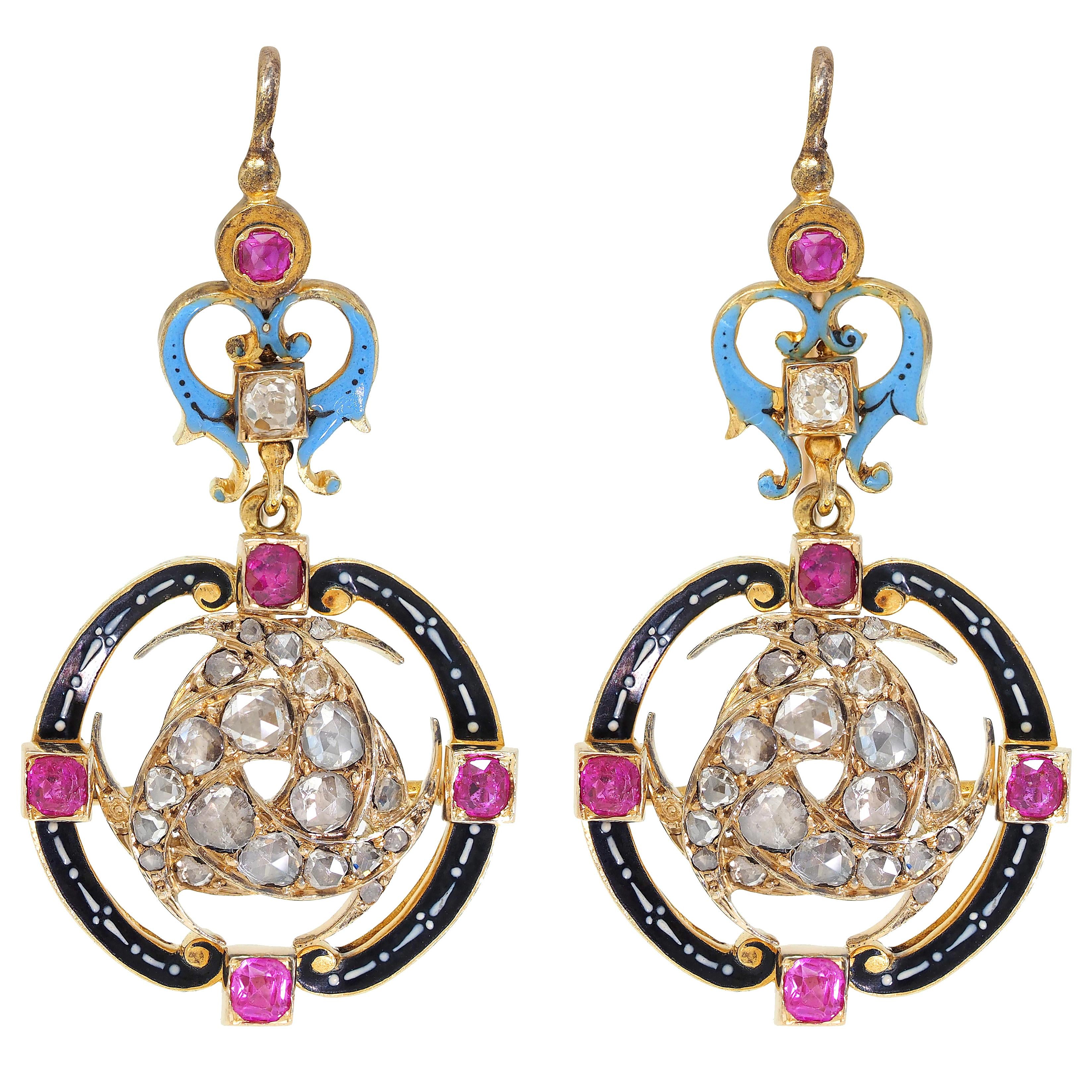 Carlo Giuliano Renaissance Revival Multi-Gem Enamel 18K Gold Antique Earrings