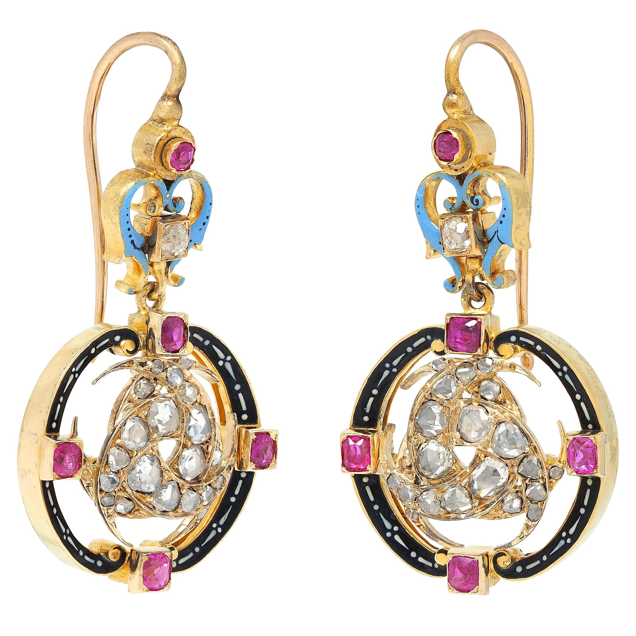 Carlo Giuliano Renaissance Revival Multi-Gem Enamel 18K Gold Antique Earrings