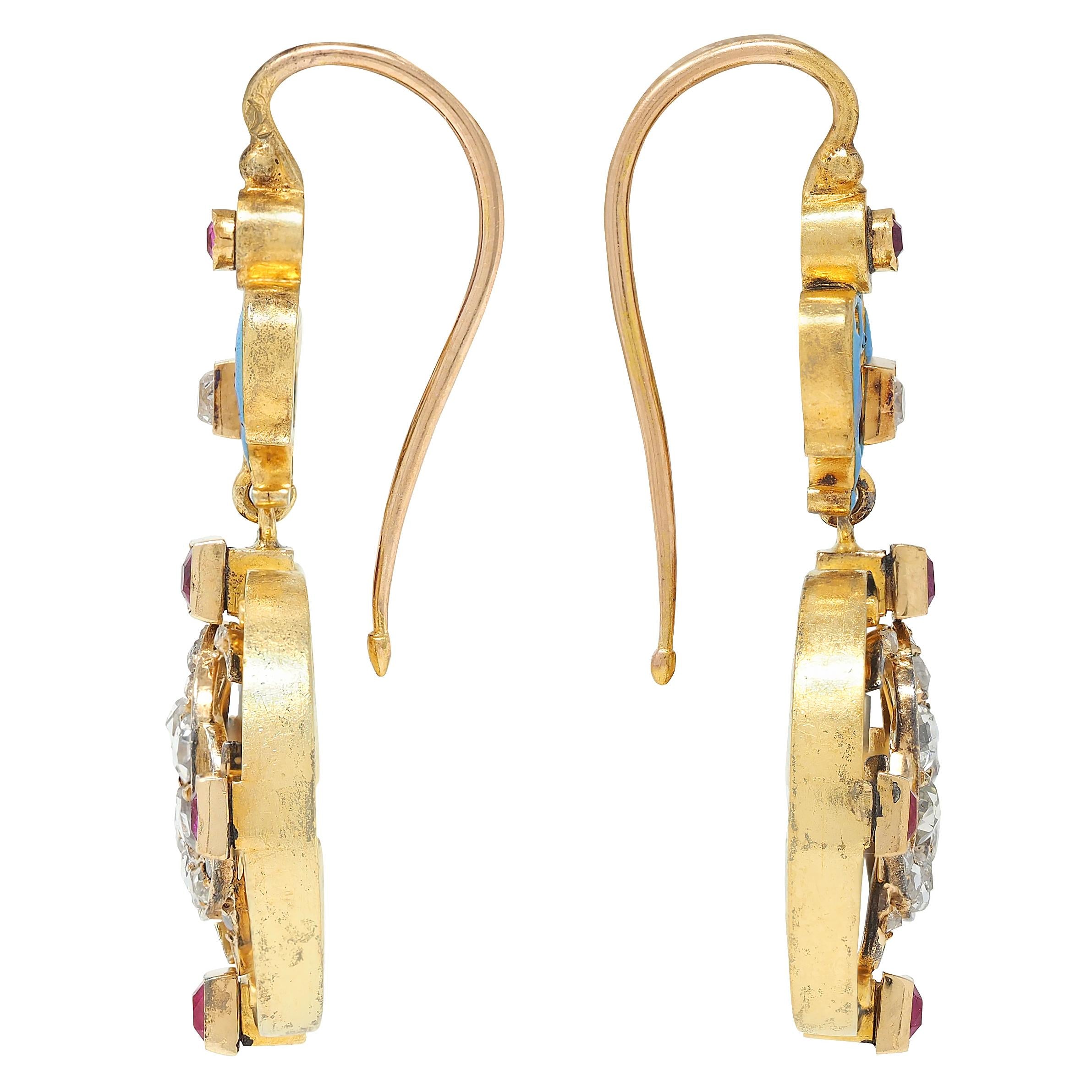 Carlo Giuliano Renaissance Revival Multi-Gem Enamel 18K Gold Antique Earrings