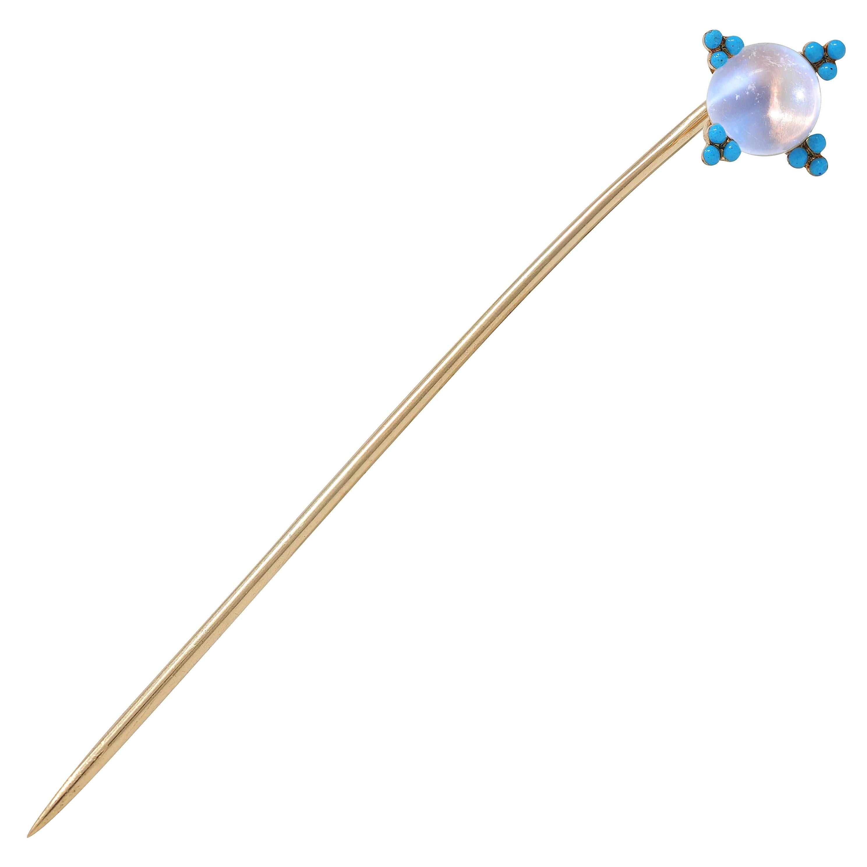 Victorian Moonstone Turquoise 14 Karat Gold Antique Stickpin