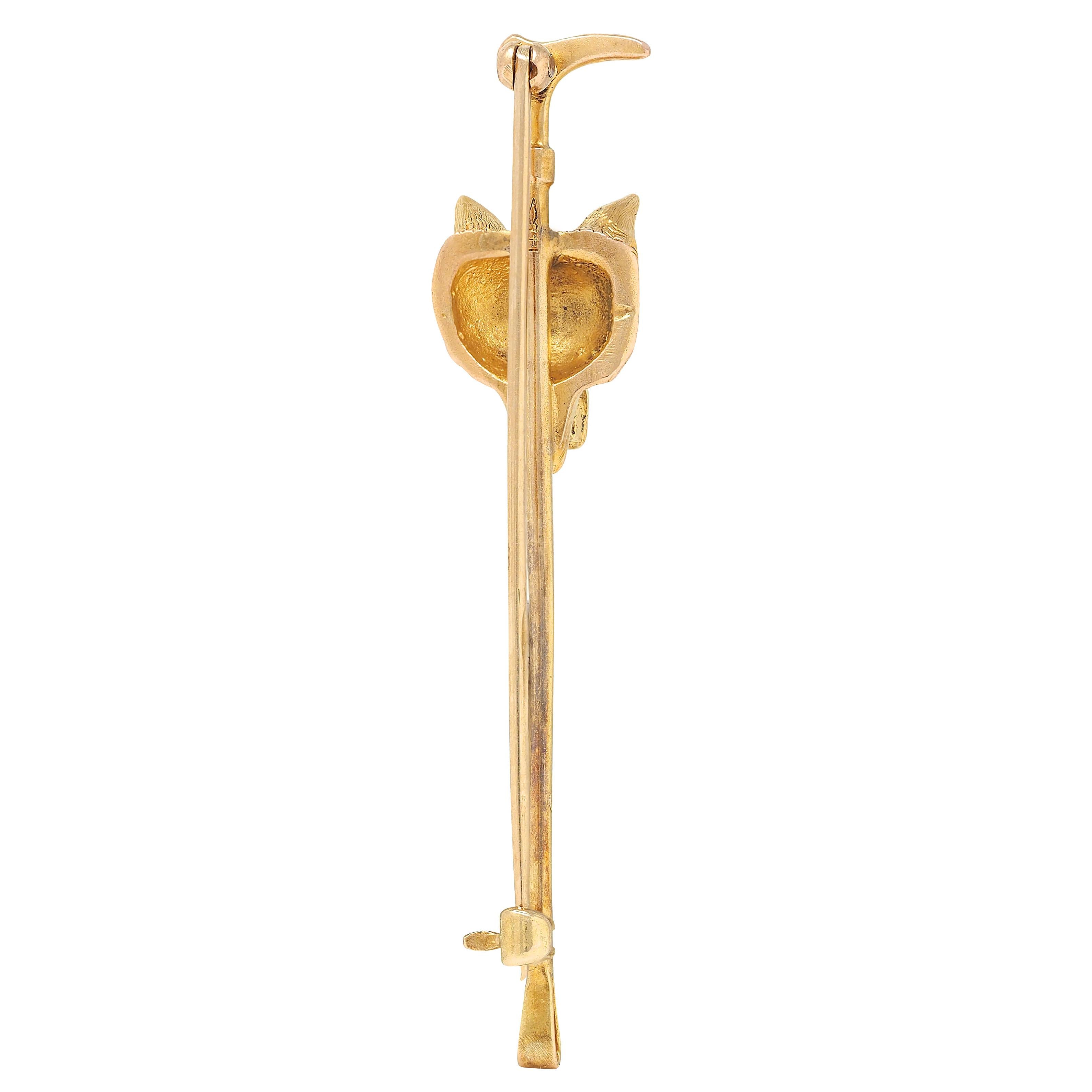 Carter Gough & Co. Edwardian 14K Yellow Gold Antique Fox Riding Crop Brooch