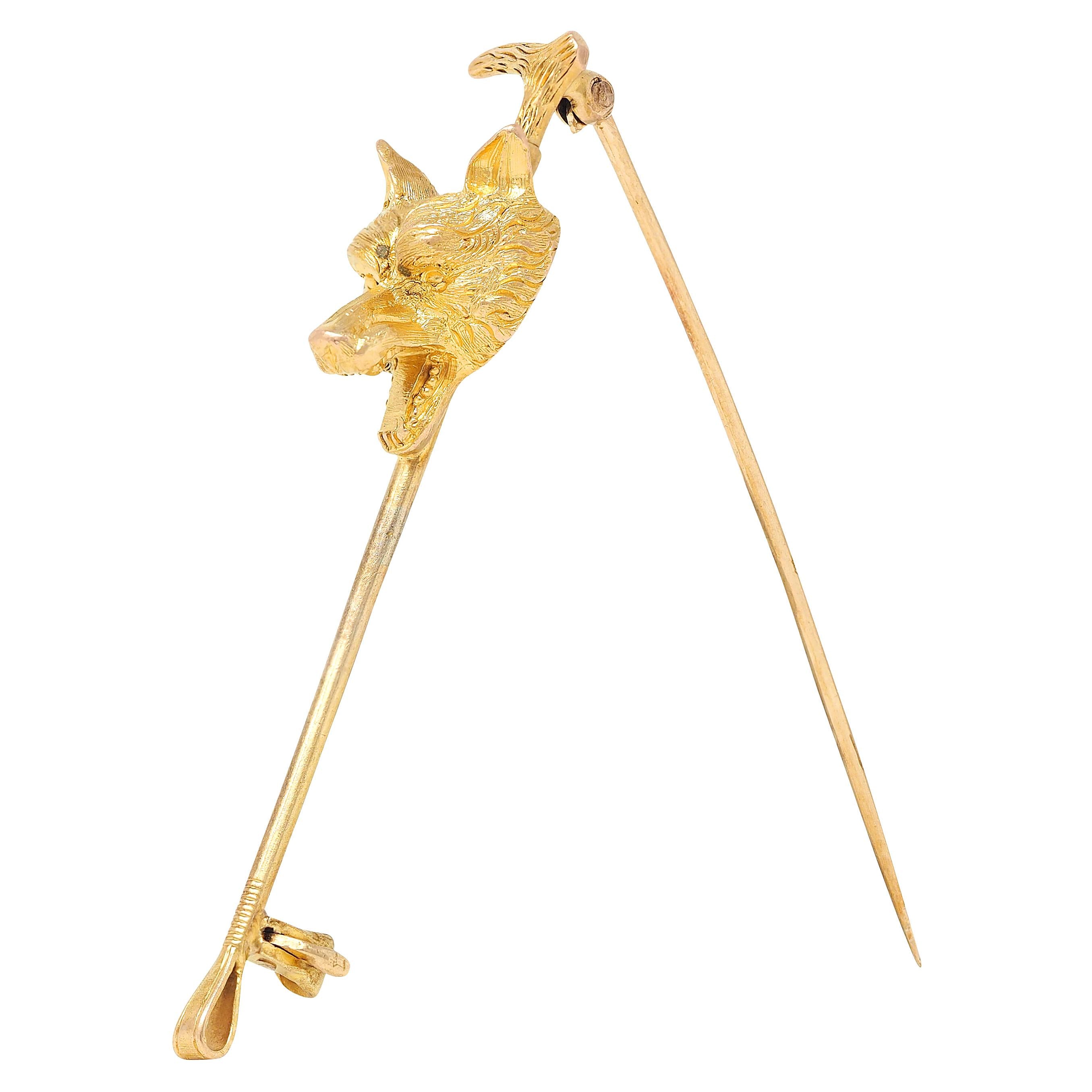 Carter Gough & Co. Edwardian 14K Yellow Gold Antique Fox Riding Crop Brooch