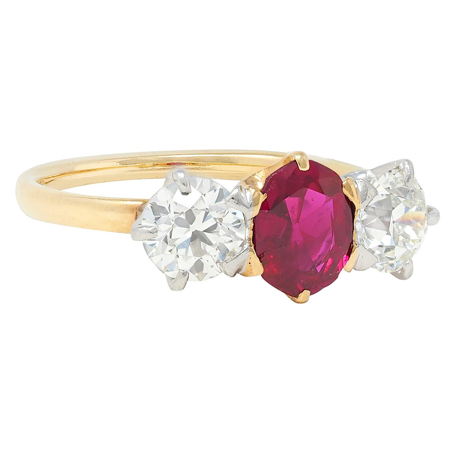 Tiffany & Co. No Heat Burma Ruby Diamond Platinum 18K Yellow Gold Antique Ring