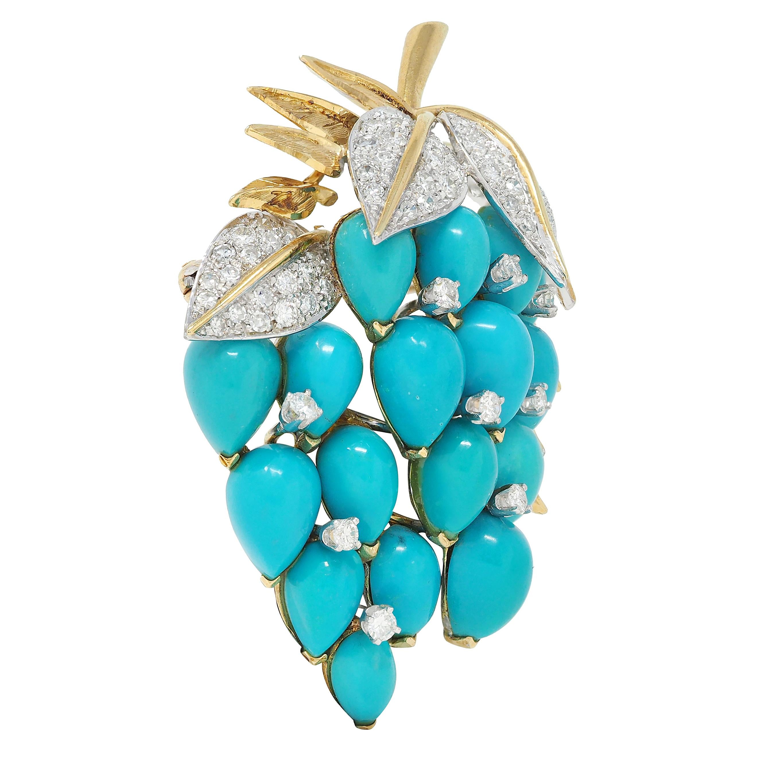 1960's Diamond Turquoise Platinum 18 Karat Yellow Gold Vintage Grape Brooch