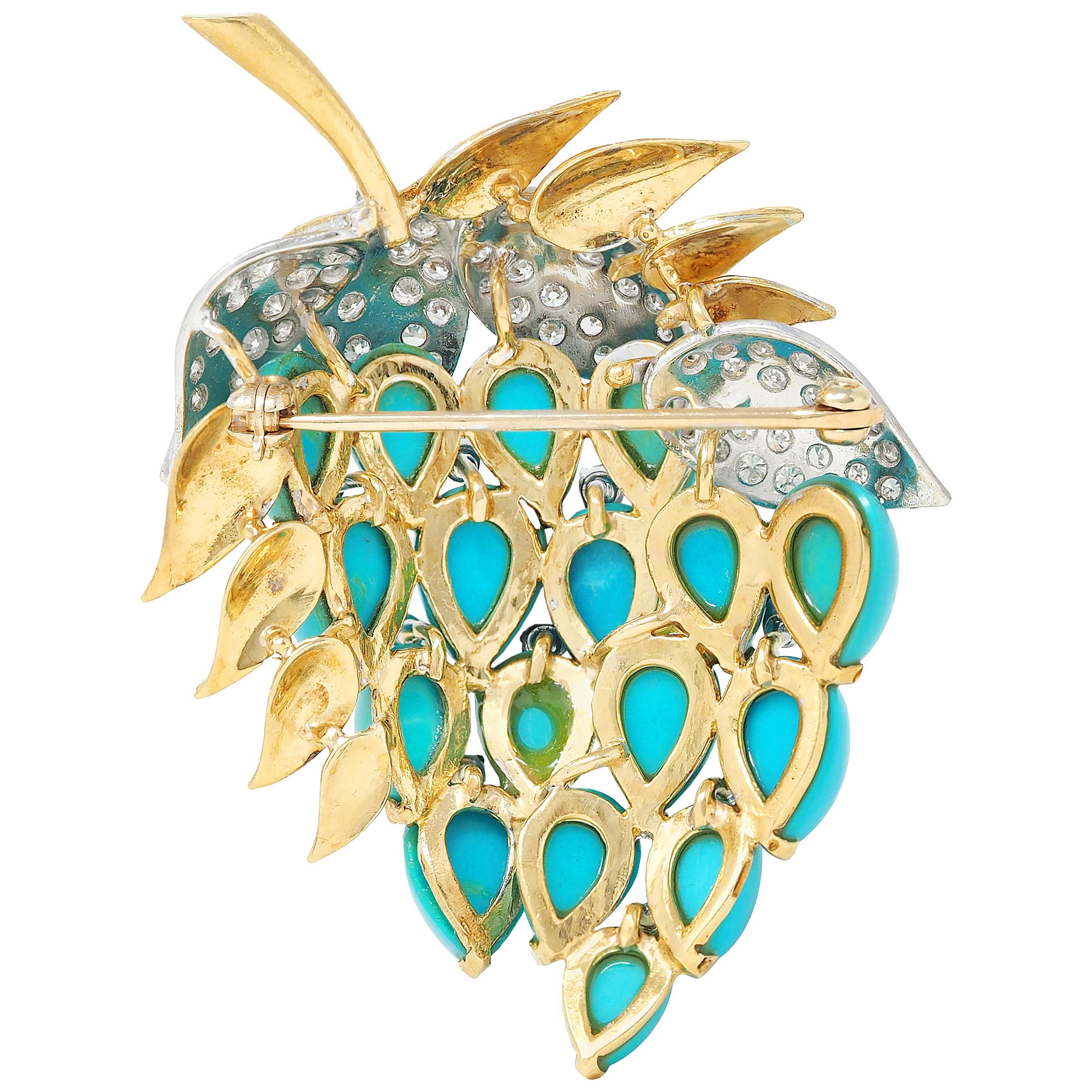 1960's Diamond Turquoise Platinum 18 Karat Yellow Gold Vintage Grape Brooch