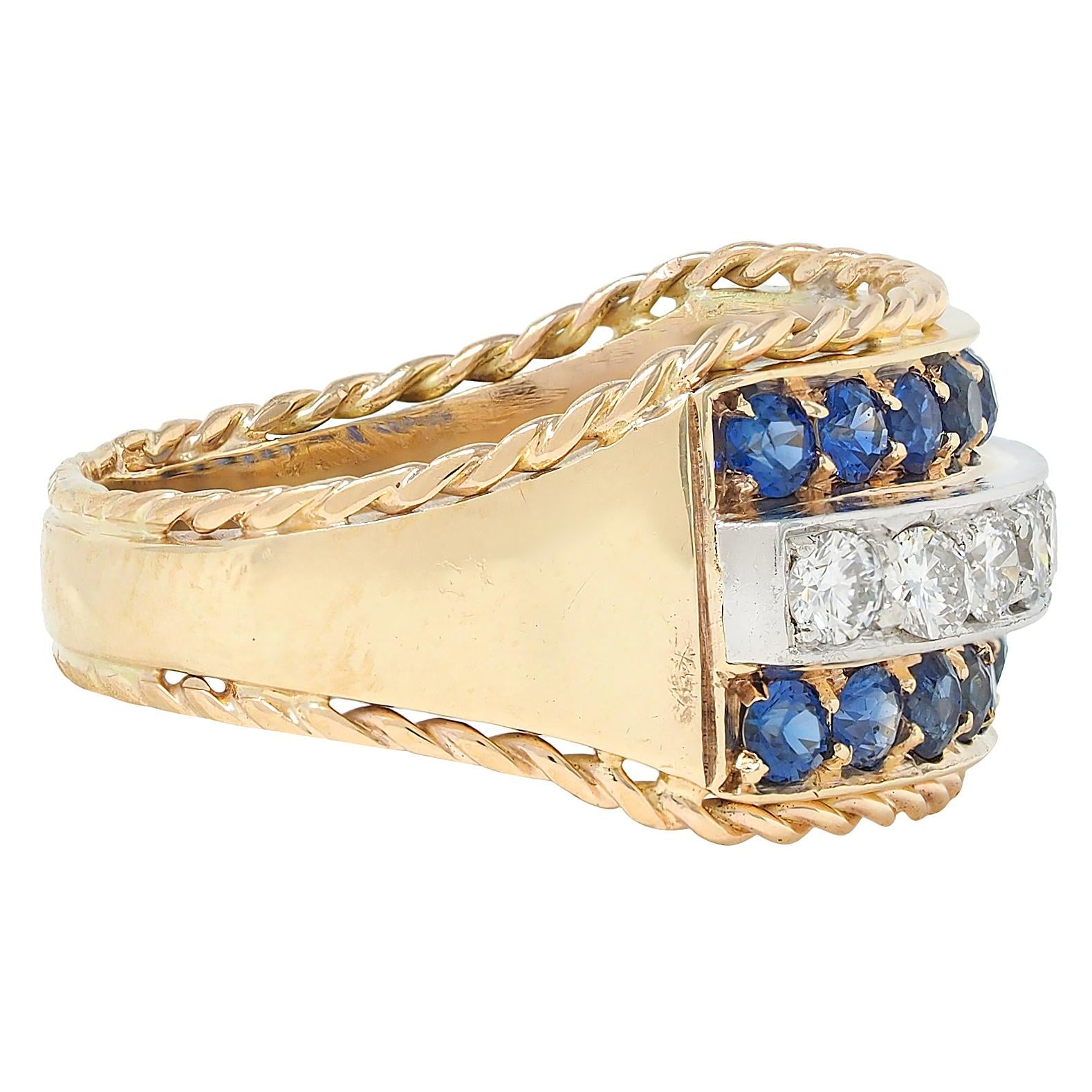 1960's Diamond Sapphire Platinum 14K Gold Vintage Twisted Rope Band Ring