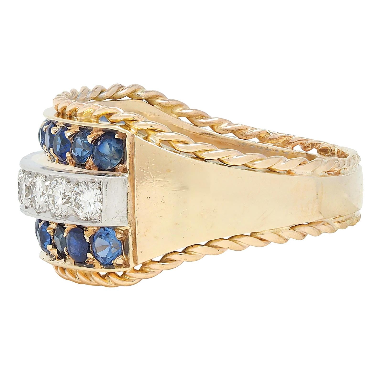 1960's Diamond Sapphire Platinum 14K Gold Vintage Twisted Rope Band Ring