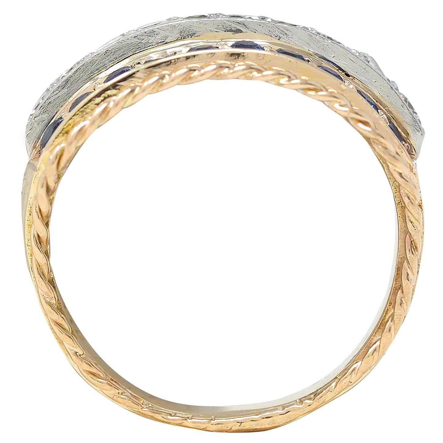1960's Diamond Sapphire Platinum 14K Gold Vintage Twisted Rope Band Ring