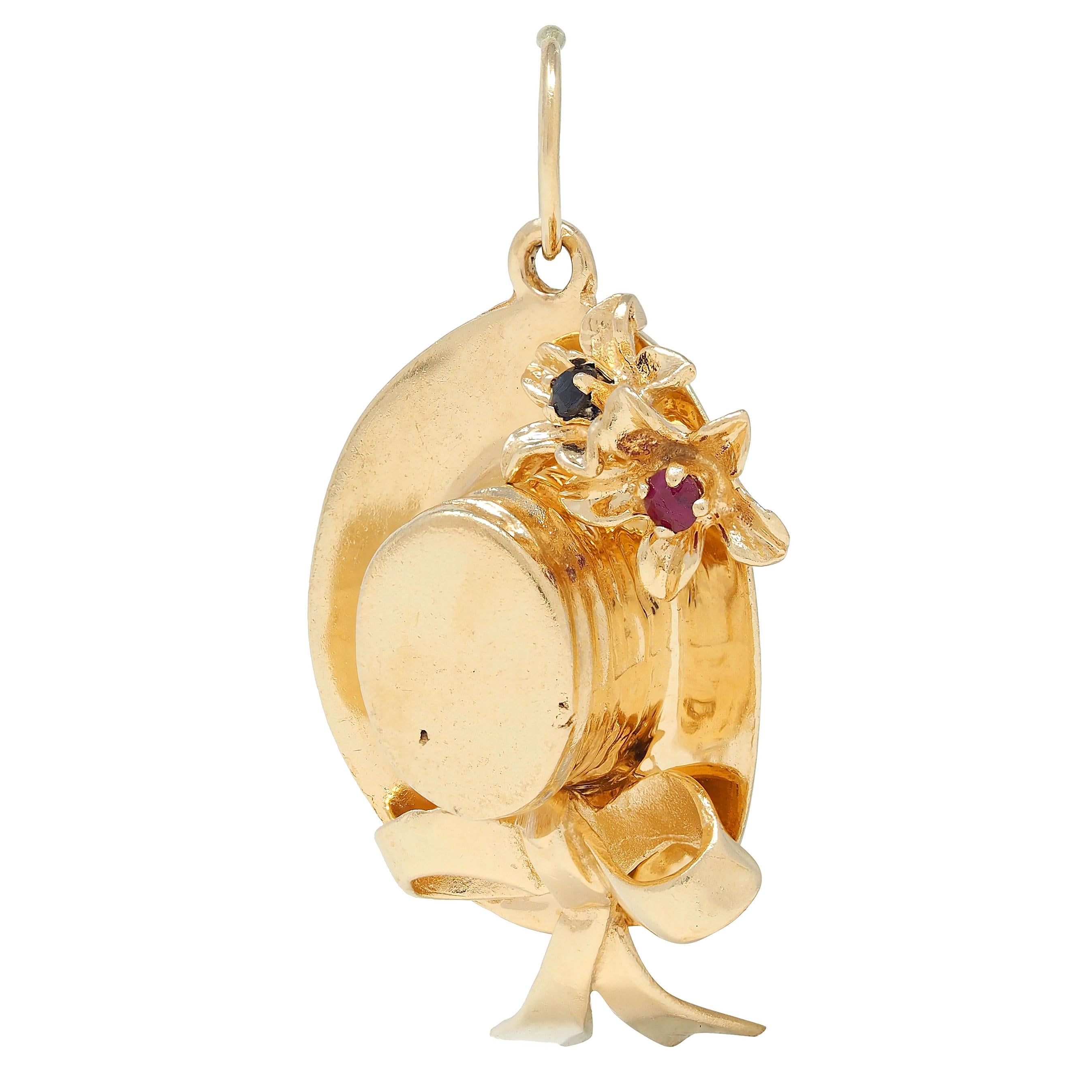 1950's Multi-Gem 14 Karat Yellow Gold Vintage Sun Hat Pendant Charm
