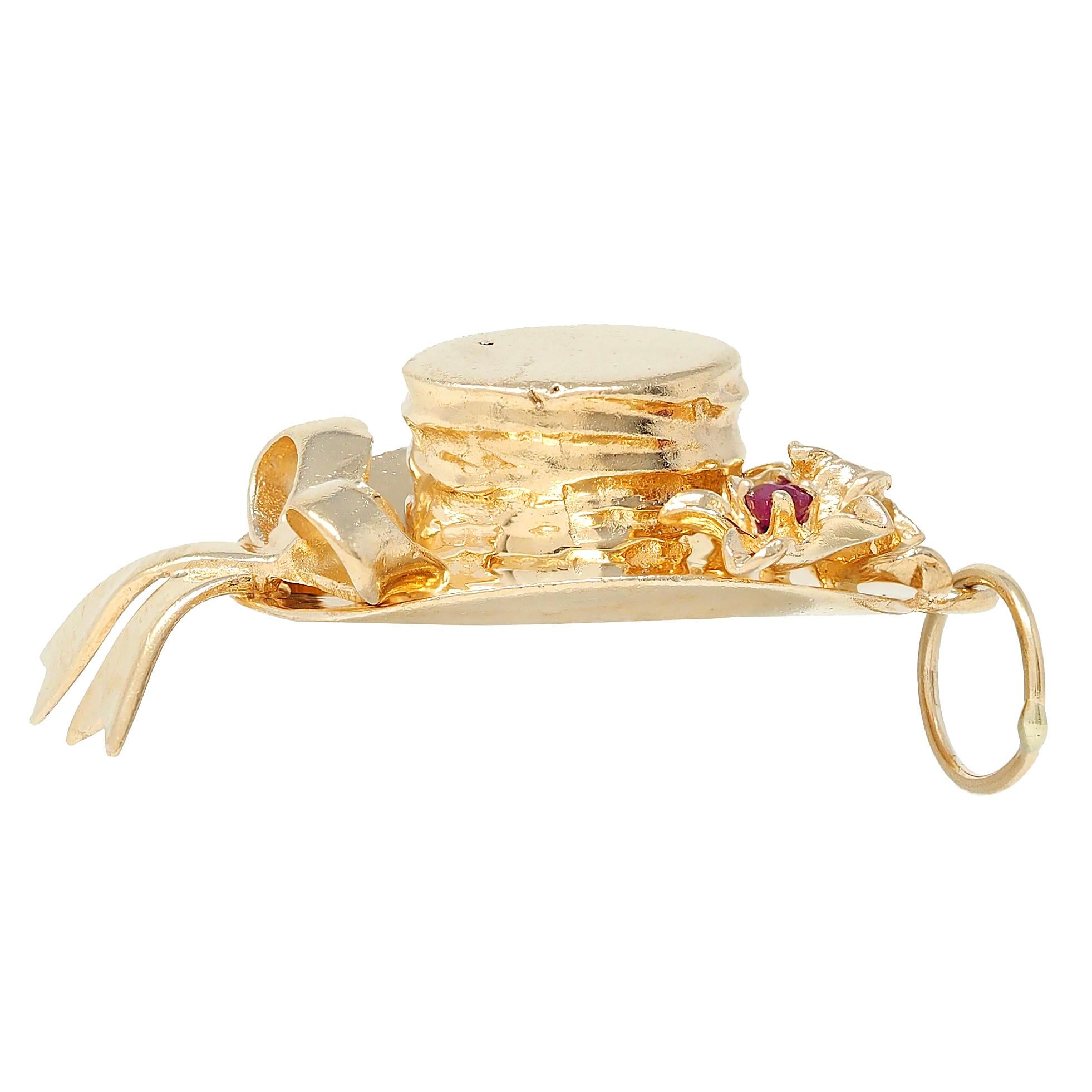 1950's Multi-Gem 14 Karat Yellow Gold Vintage Sun Hat Pendant Charm