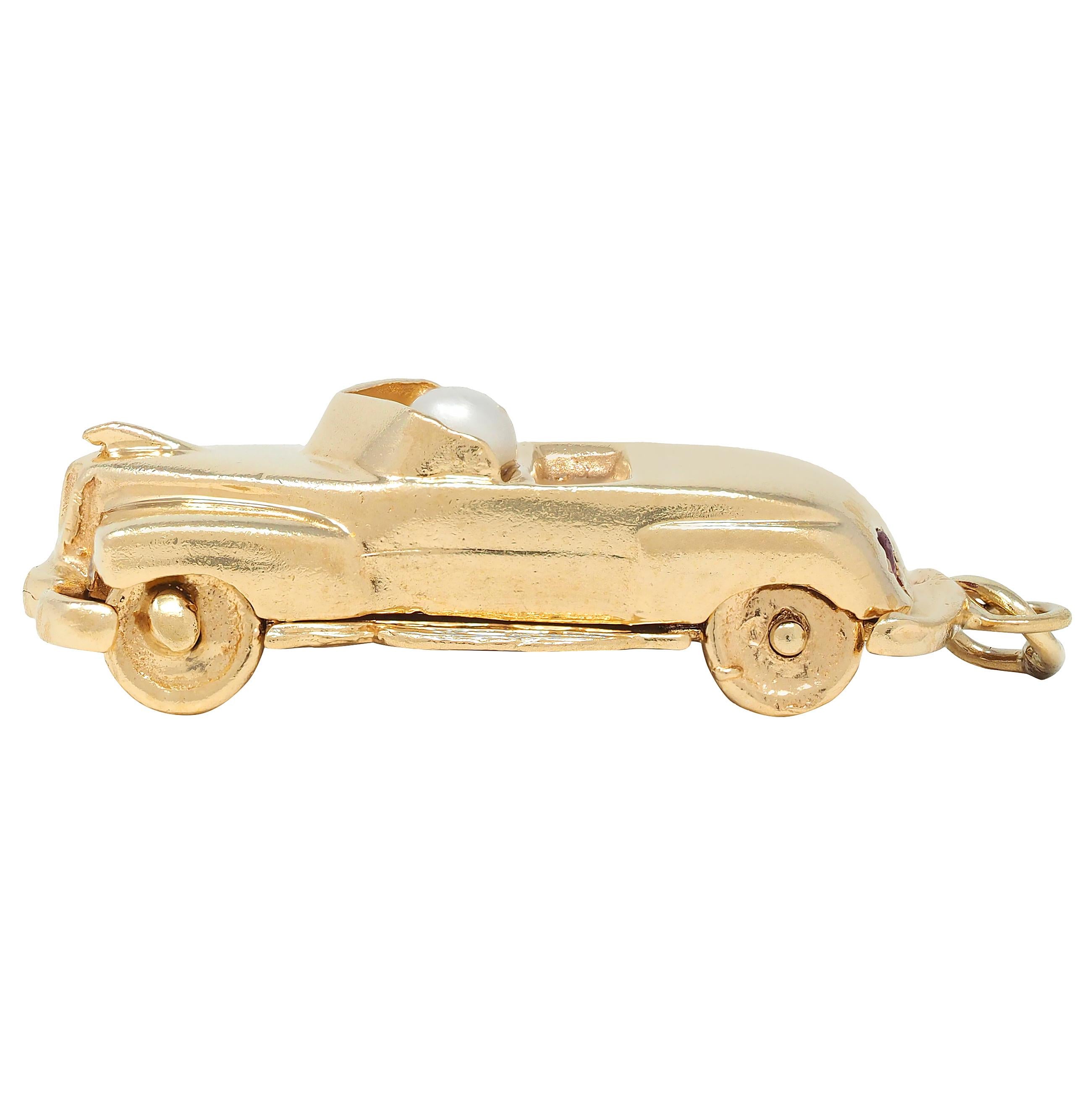 1960's Pearl Ruby Diamond 14 Karat Yellow Gold Vintage Car Pendant Charm