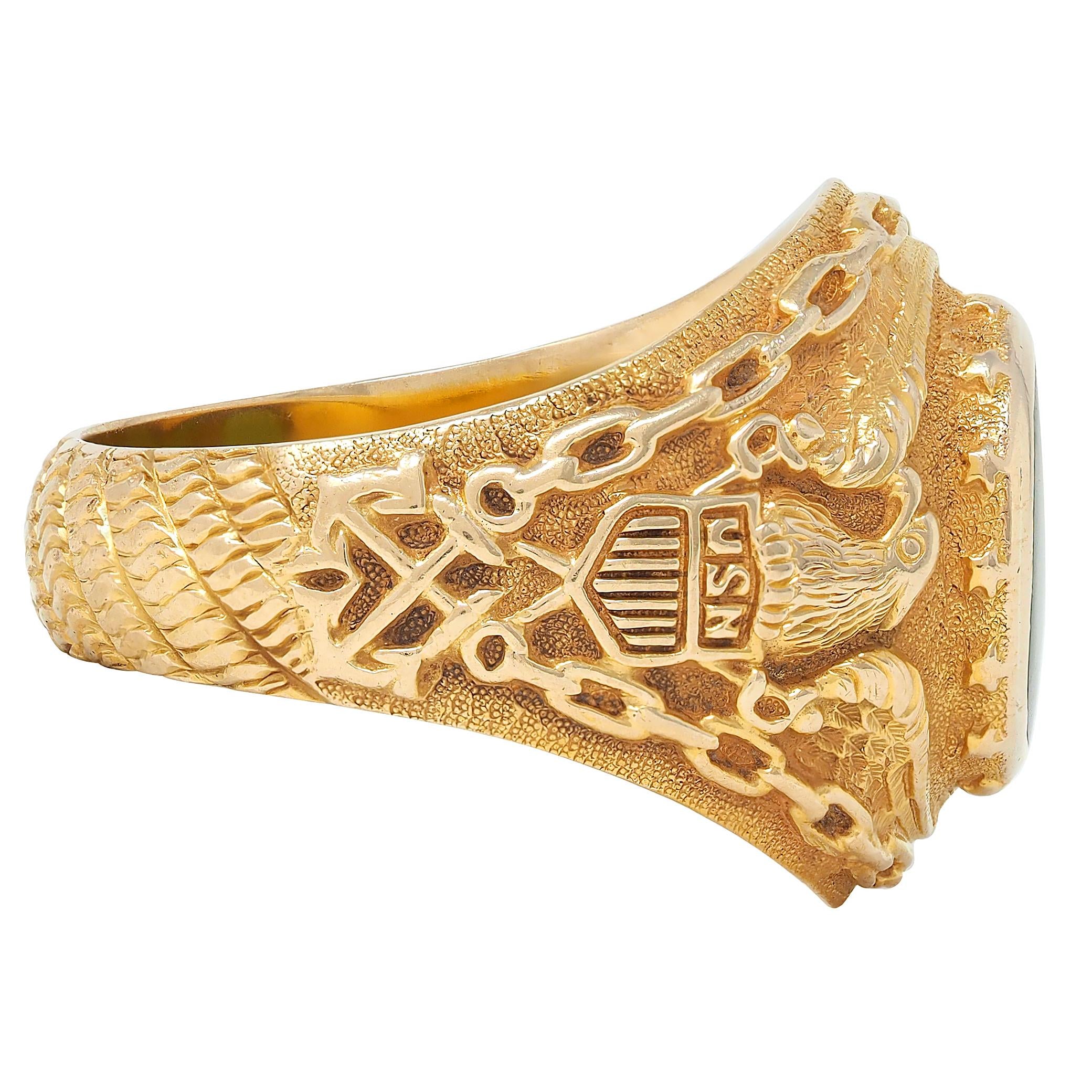 1960's Nephrite Jade 14 Karat Yellow Gold Vintage U.S. Navy Signet Ring