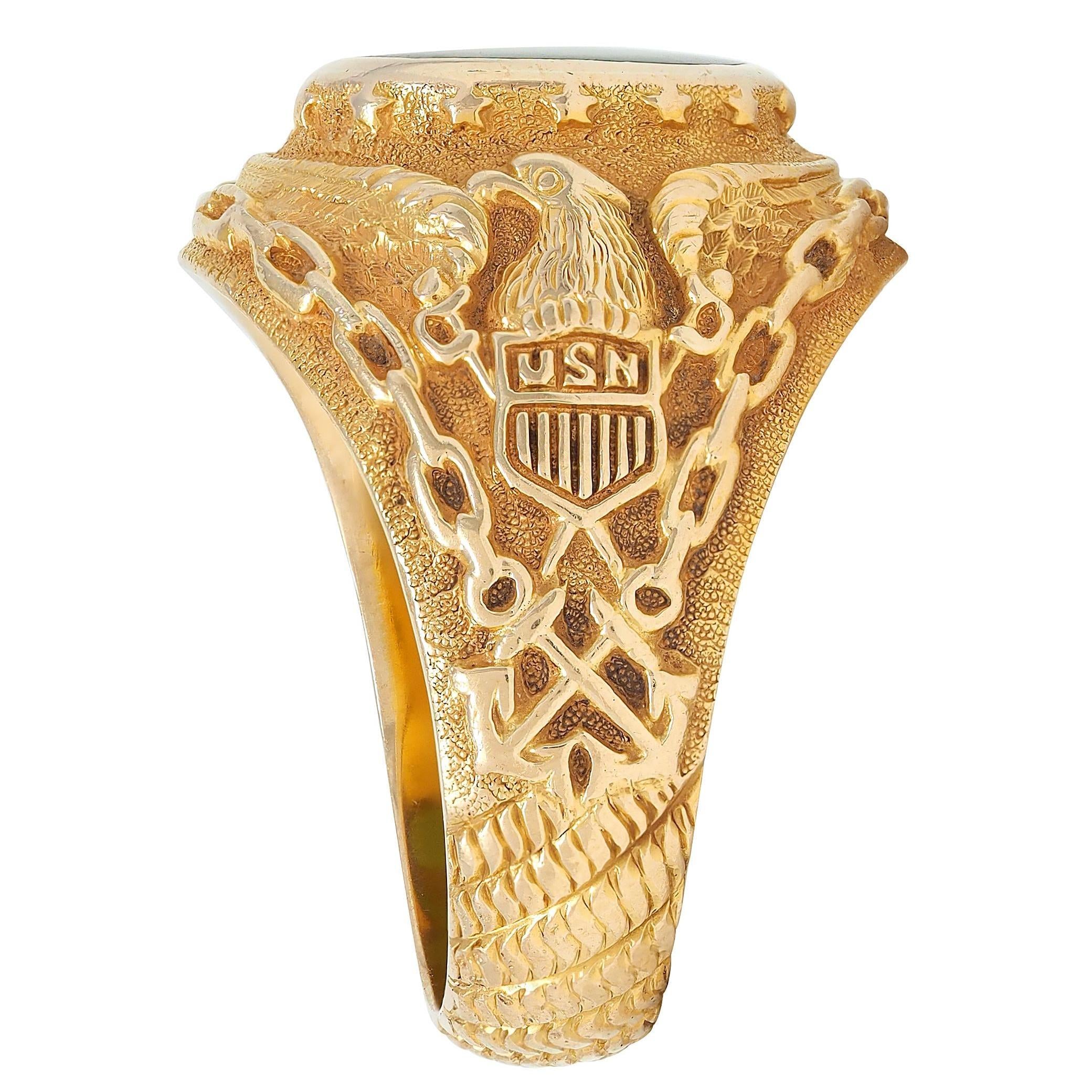 1960's Nephrite Jade 14 Karat Yellow Gold Vintage U.S. Navy Signet Ring