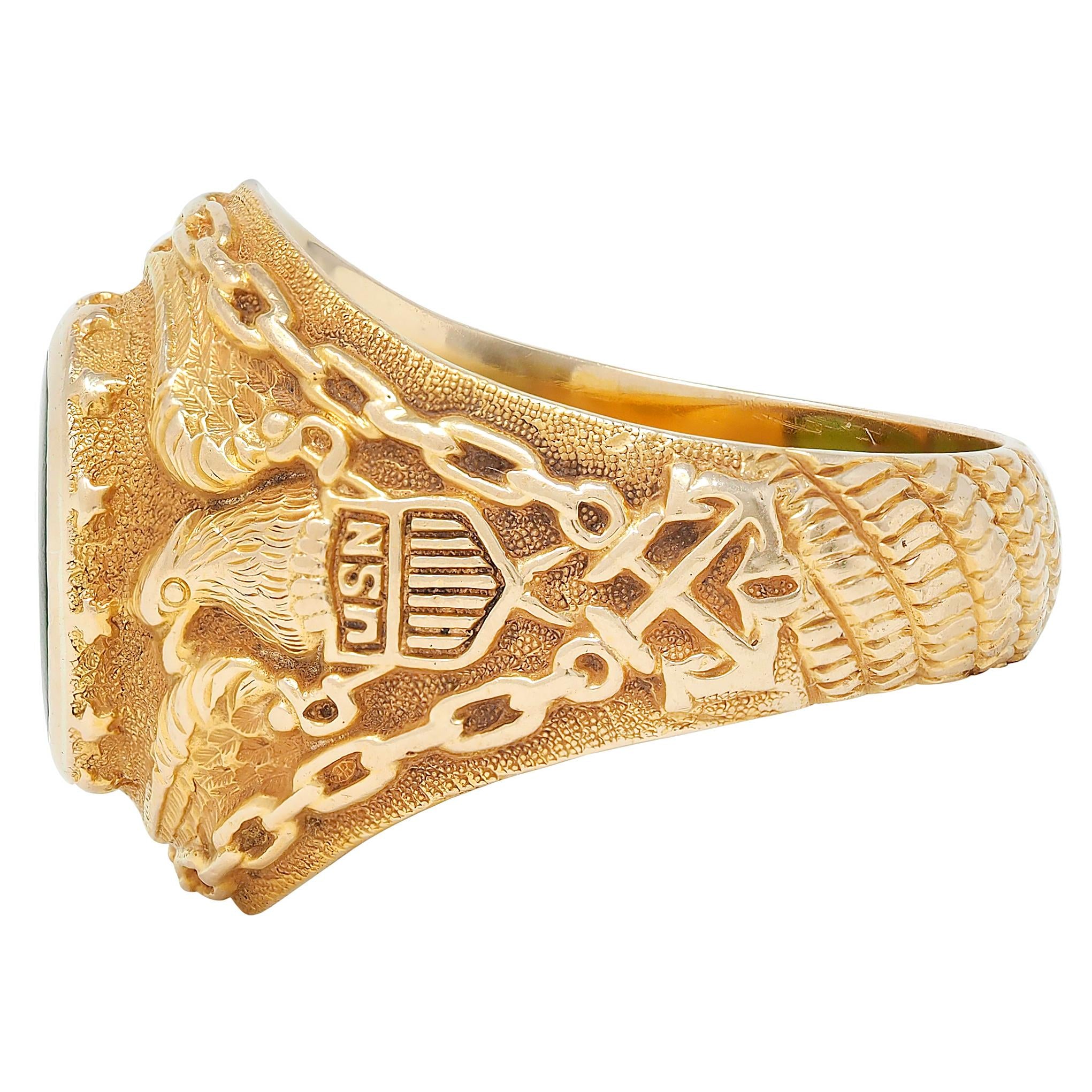 1960's Nephrite Jade 14 Karat Yellow Gold Vintage U.S. Navy Signet Ring