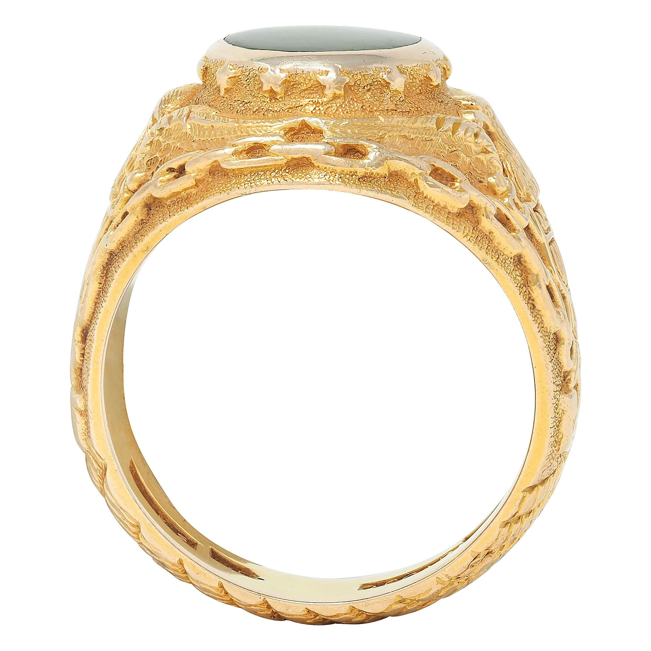 1960's Nephrite Jade 14 Karat Yellow Gold Vintage U.S. Navy Signet Ring