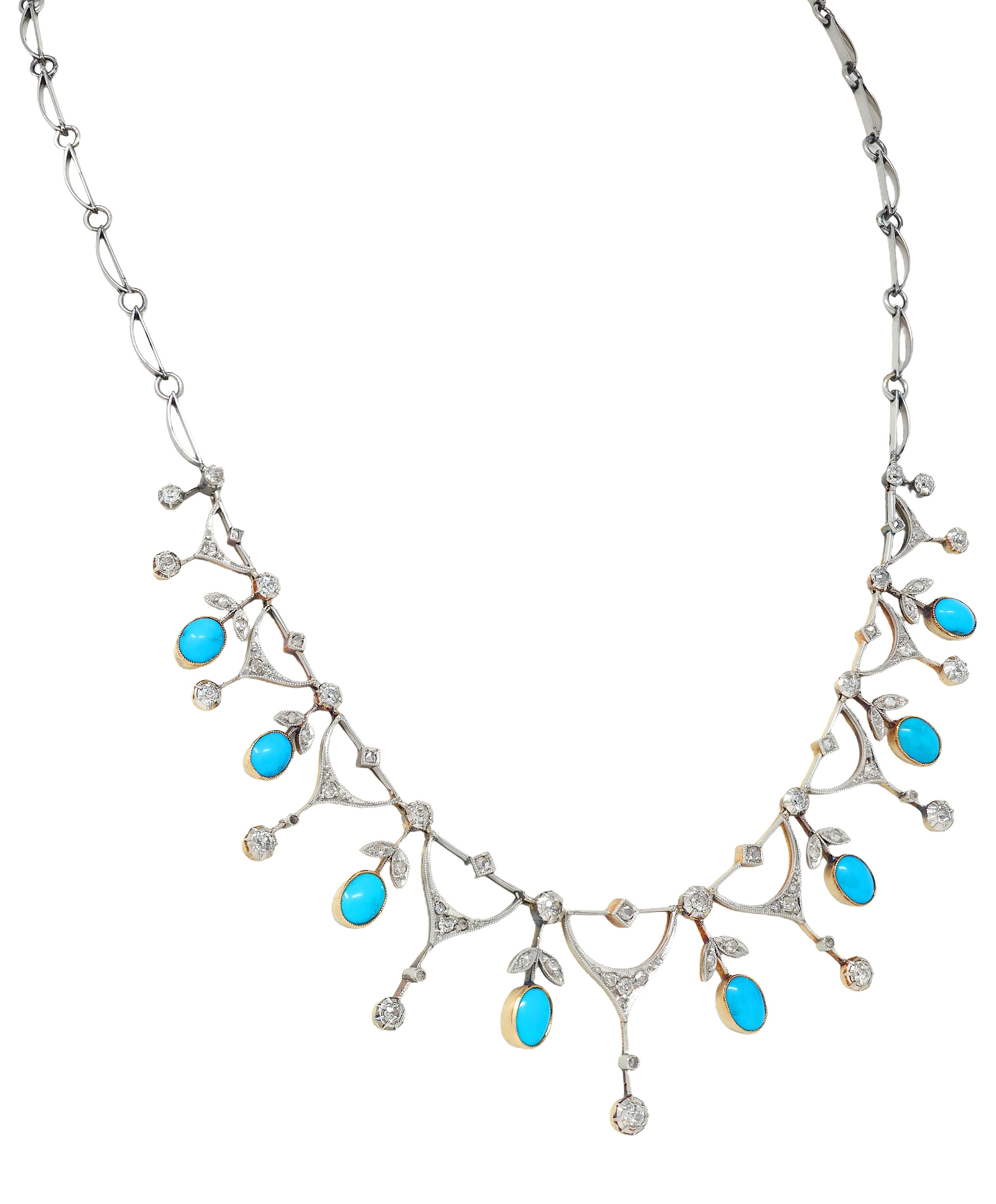 Edwardian Diamond Turquoise Platinum 18K Gold Antique Foliate Fringe Necklace