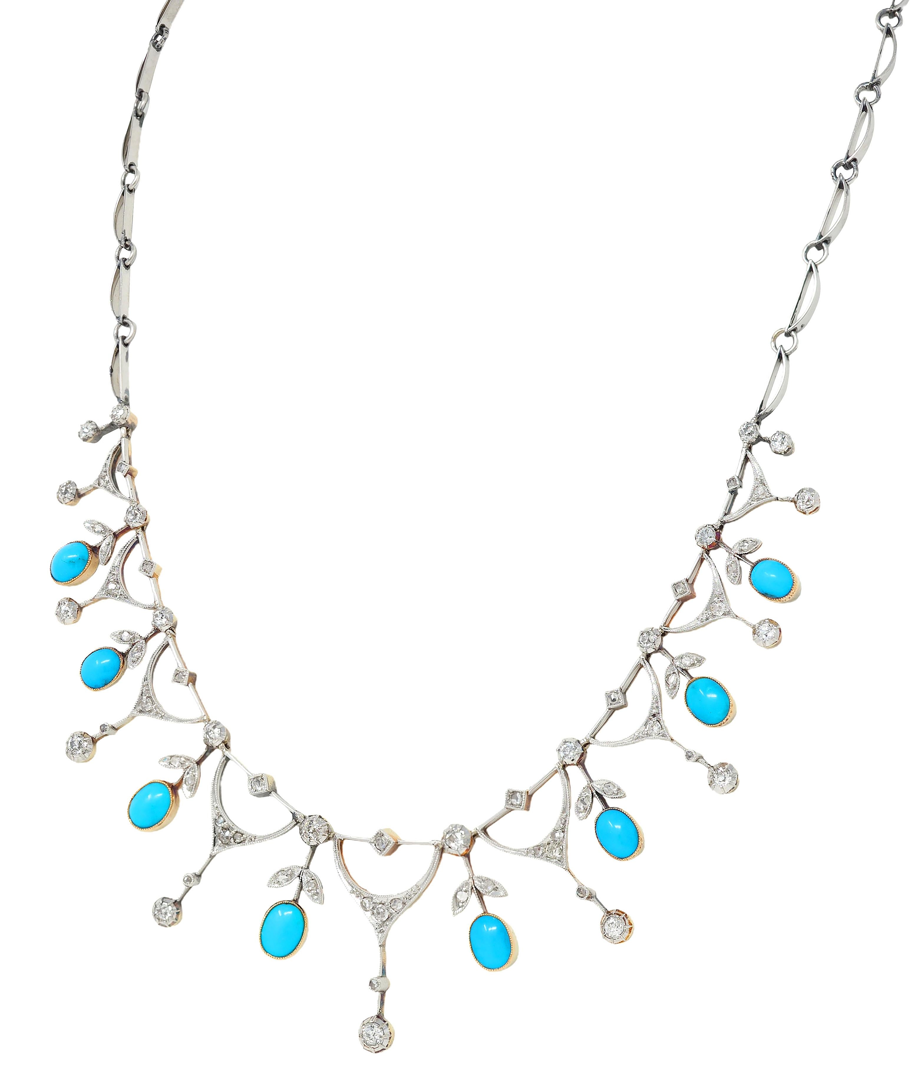Edwardian Diamond Turquoise Platinum 18K Gold Antique Foliate Fringe Necklace