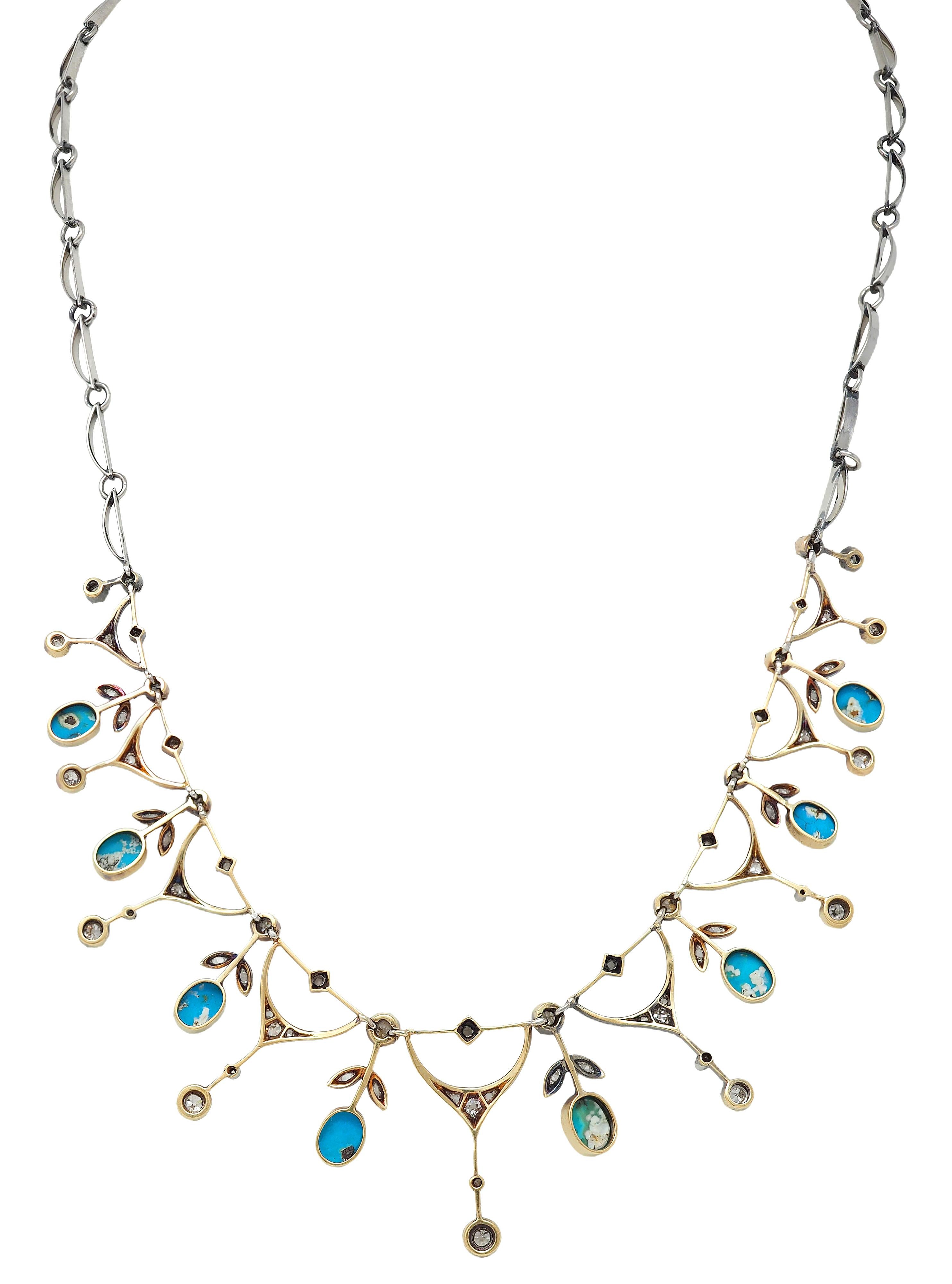 Edwardian Diamond Turquoise Platinum 18K Gold Antique Foliate Fringe Necklace