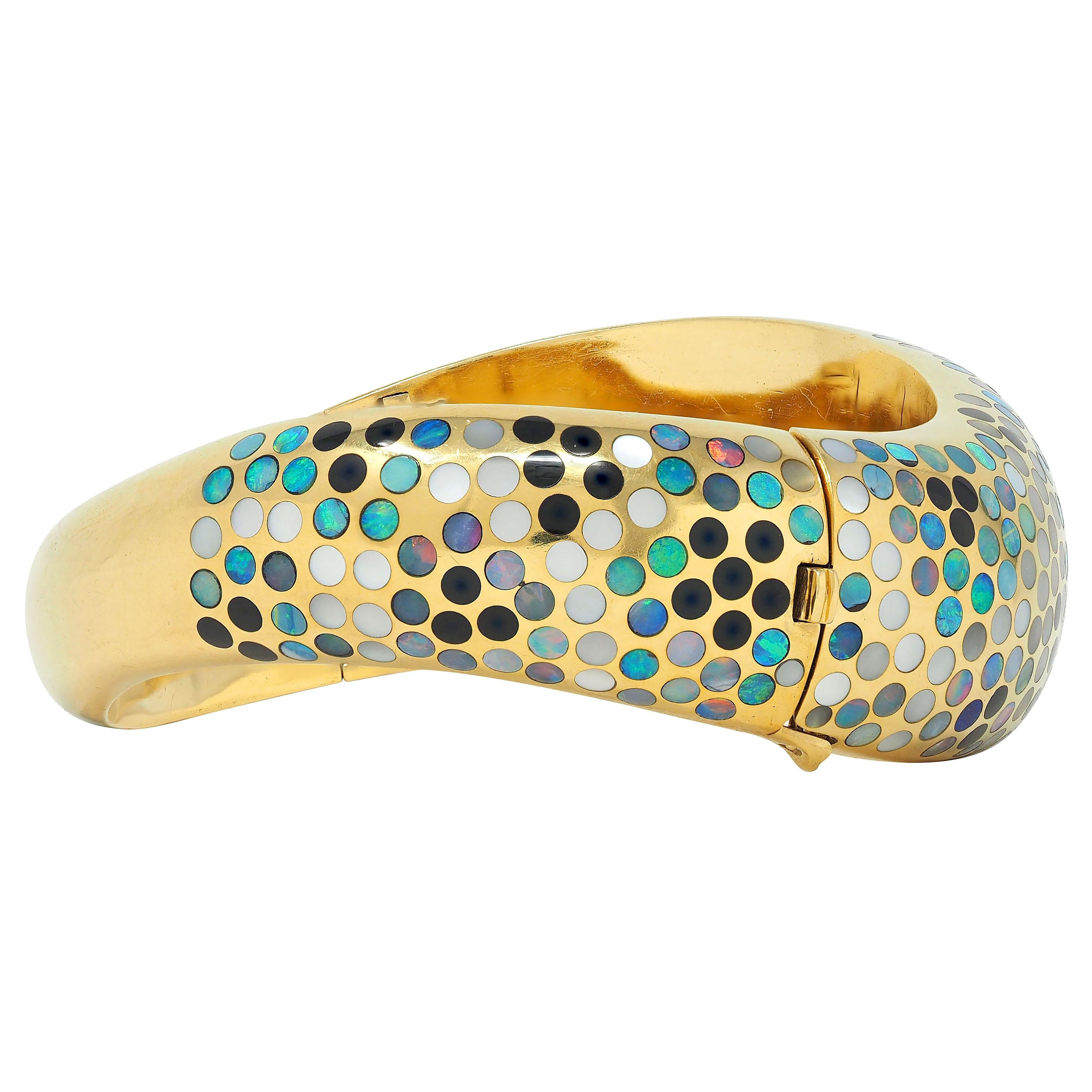 Angela Cummings Opal Onyx Mother-Of-Pearl Inlay 18K Gold Vintage Bangle Bracelet
