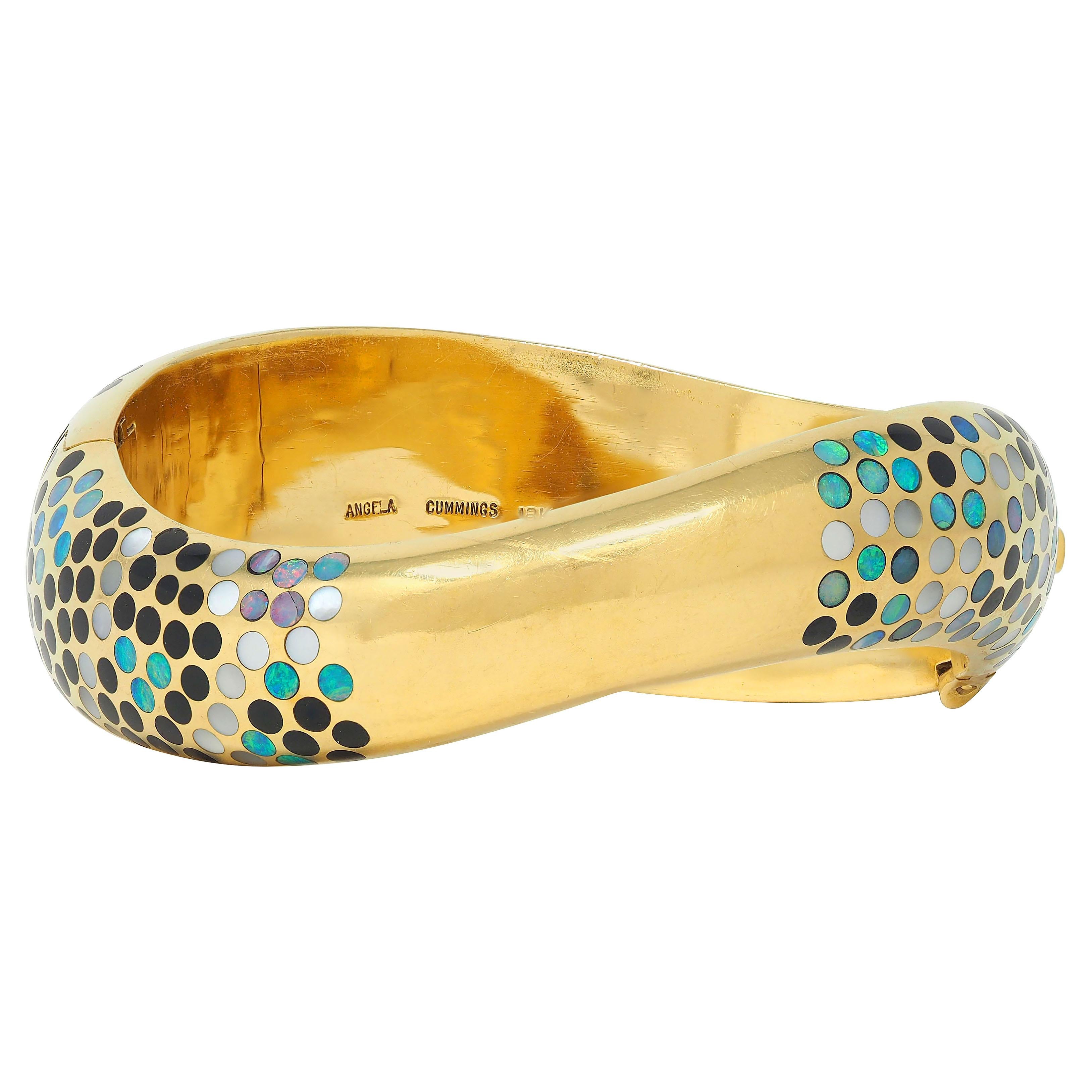 Angela Cummings Opal Onyx Mother-Of-Pearl Inlay 18K Gold Vintage Bangle Bracelet