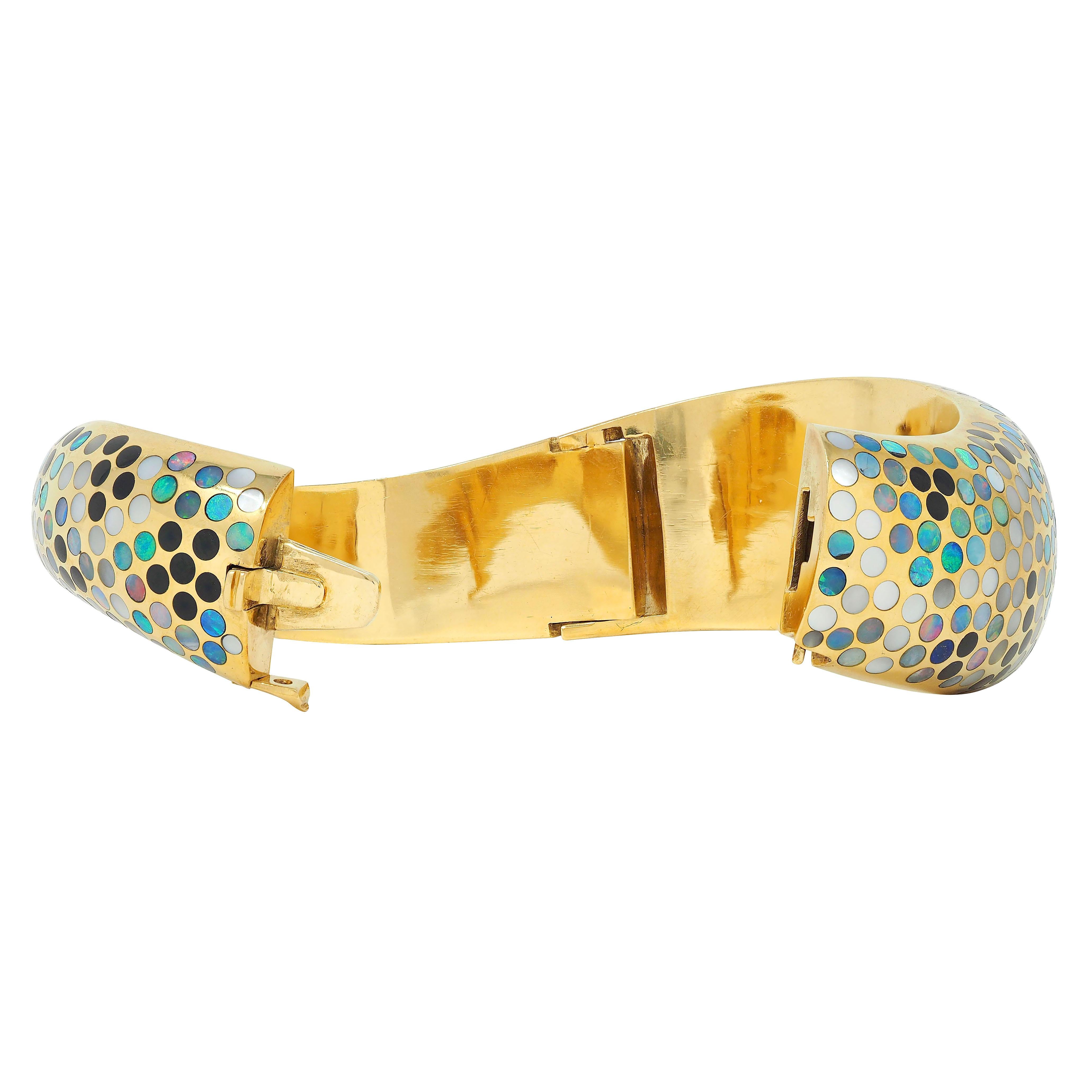 Angela Cummings Opal Onyx Mother-Of-Pearl Inlay 18K Gold Vintage Bangle Bracelet