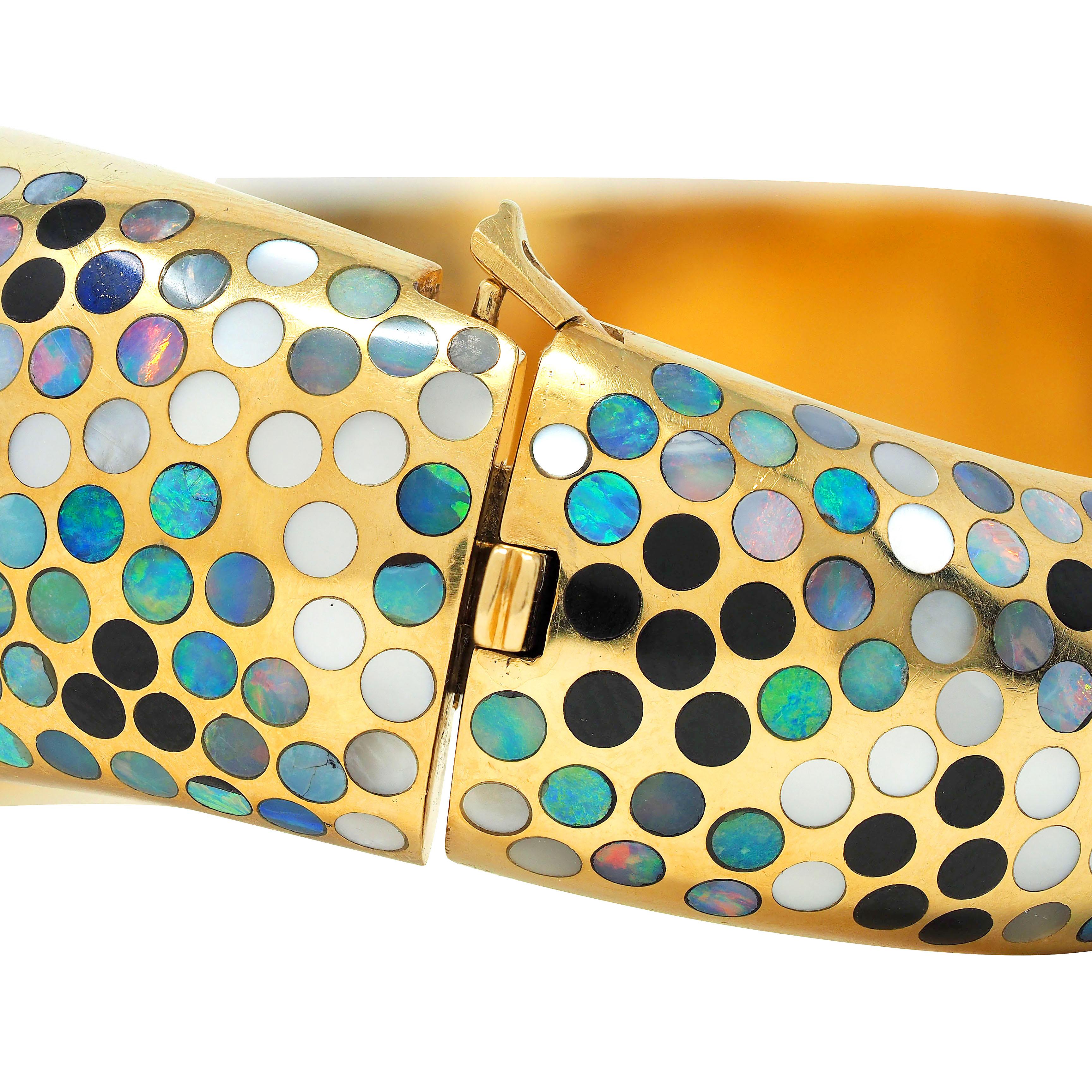 Angela Cummings Opal Onyx Mother-Of-Pearl Inlay 18K Gold Vintage Bangle Bracelet