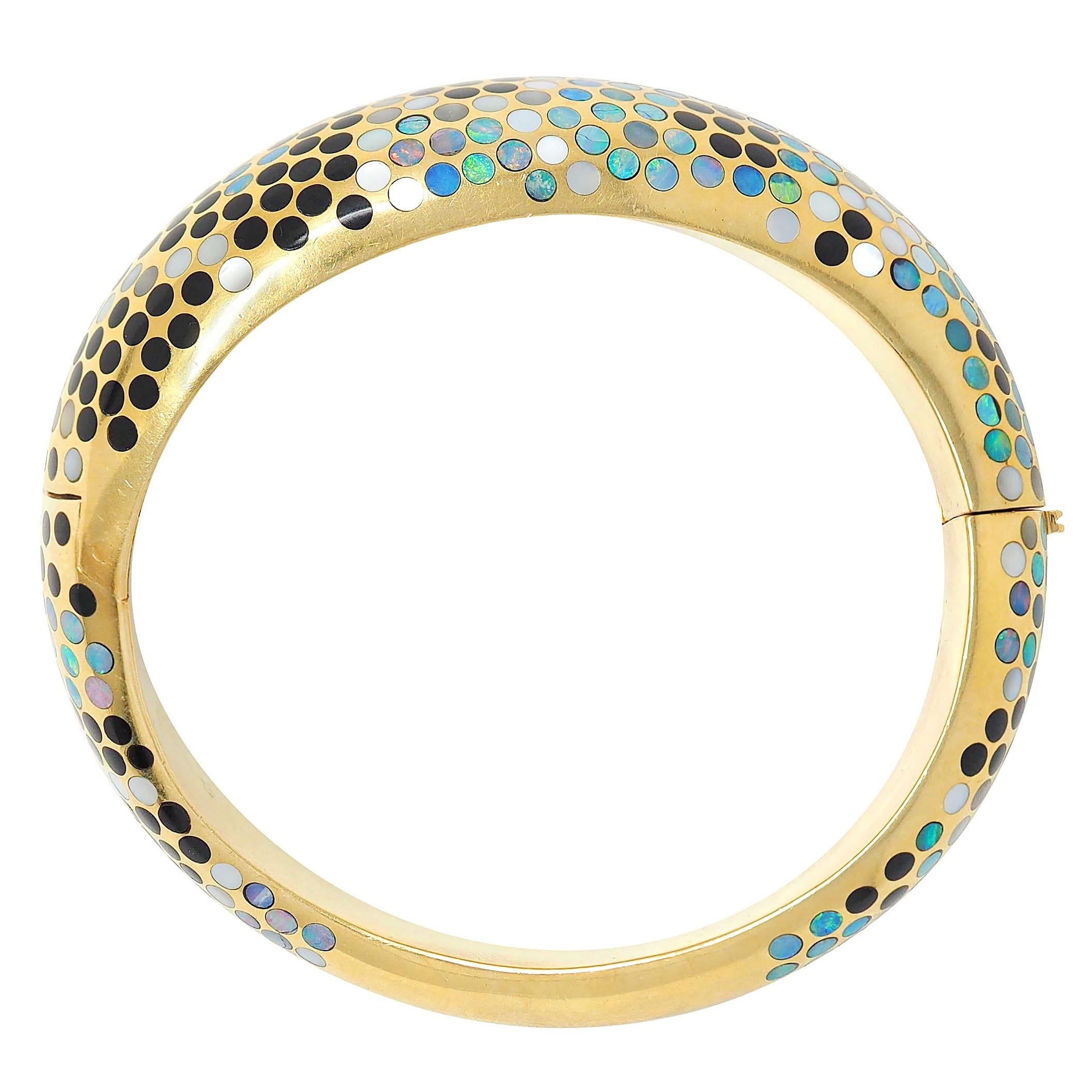 Angela Cummings Opal Onyx Mother-Of-Pearl Inlay 18K Gold Vintage Bangle Bracelet